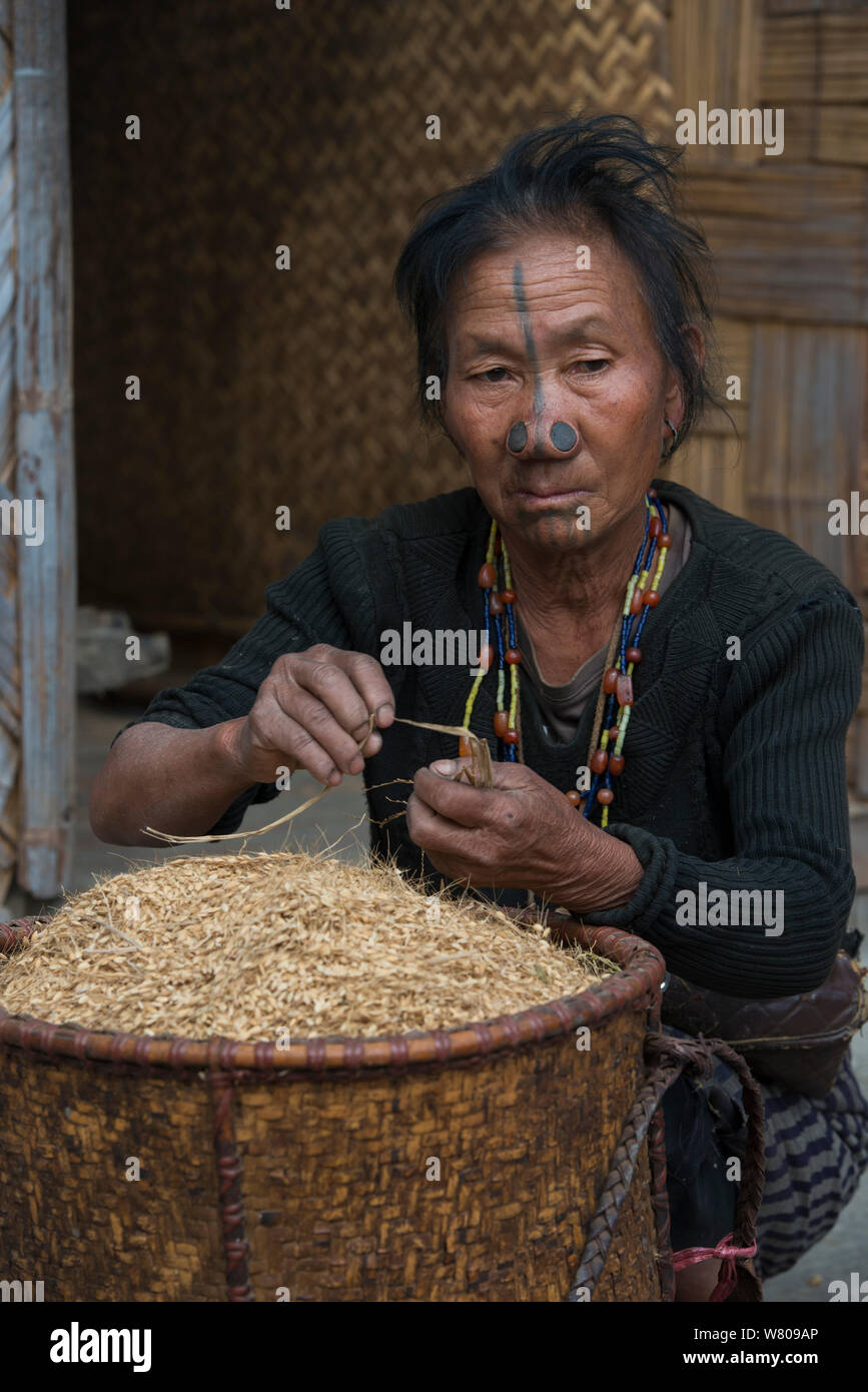 Apatani donna con tatuaggi facciali e naso tradizionali tappi / Yapin Hulo realizzato per farli sembrare poco attraente per i maschi dalle altre tribù. Queste modifiche del viso sono ora fuorilegge. Tribù Apatani, Ziro Valle, foothills dell'Himalaya, Arunachal Pradesh.nord est dell India, novembre 2014. Foto Stock