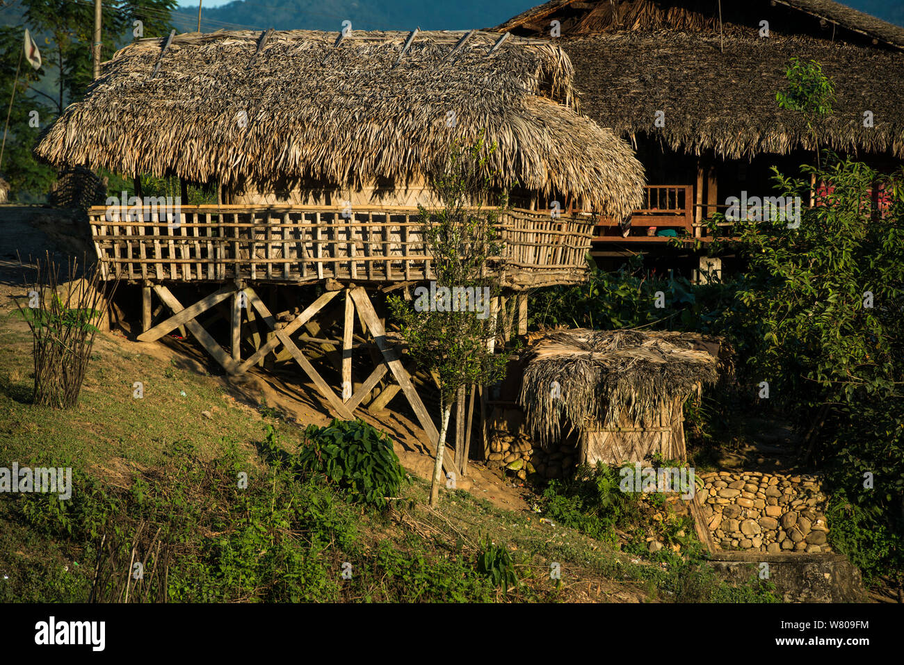 Adi Gallong pole house, Adi Gallong tribù village, Arunachal Pradesh, India Nordorientale, ottobre 2014. Foto Stock