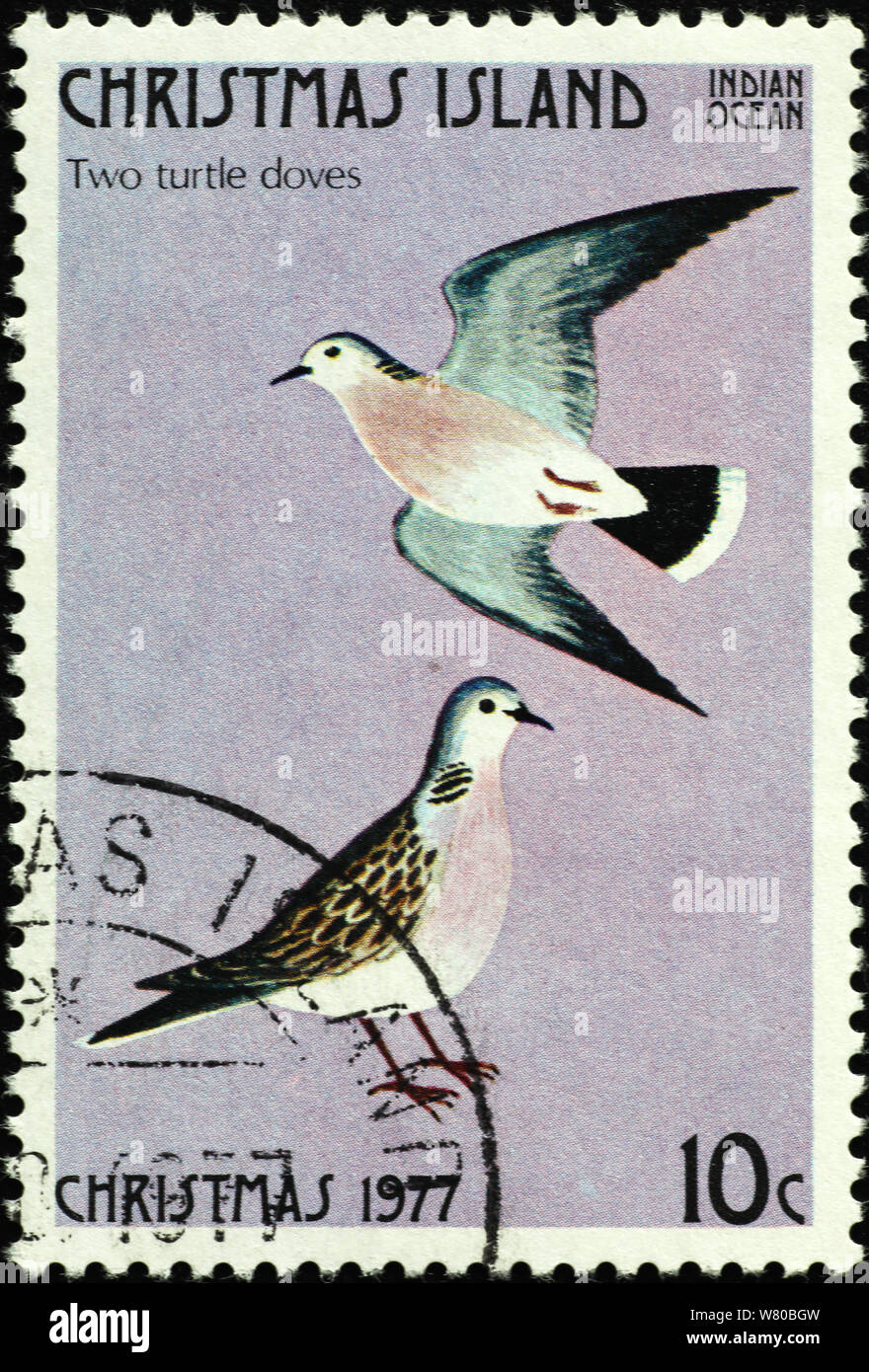 Dodici giorni di Natale - 2 tortore sul francobollo di Isola di Natale Foto Stock