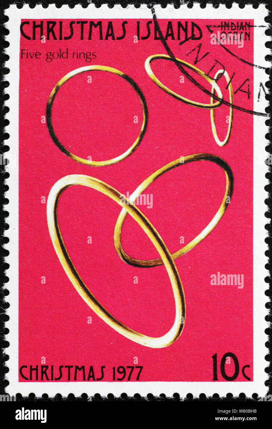 Dodici giorni di Natale - 5 anelli d'oro sul francobollo di Isola di Natale Foto Stock