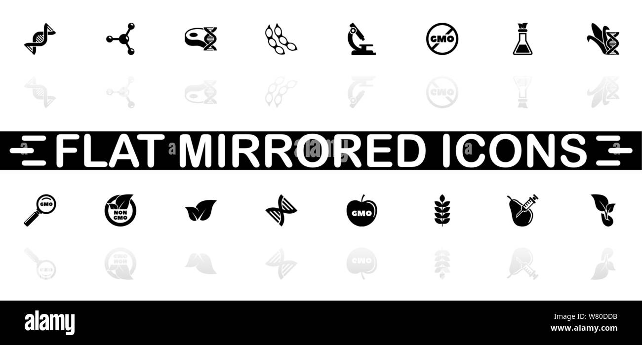 Le icone degli OGM - simbolo nero su sfondo bianco. Illustrazione semplice. Piatto icona Vettore. Specchio ombra. Può essere utilizzato nel logo, web, mobili e interfaccia utente Illustrazione Vettoriale