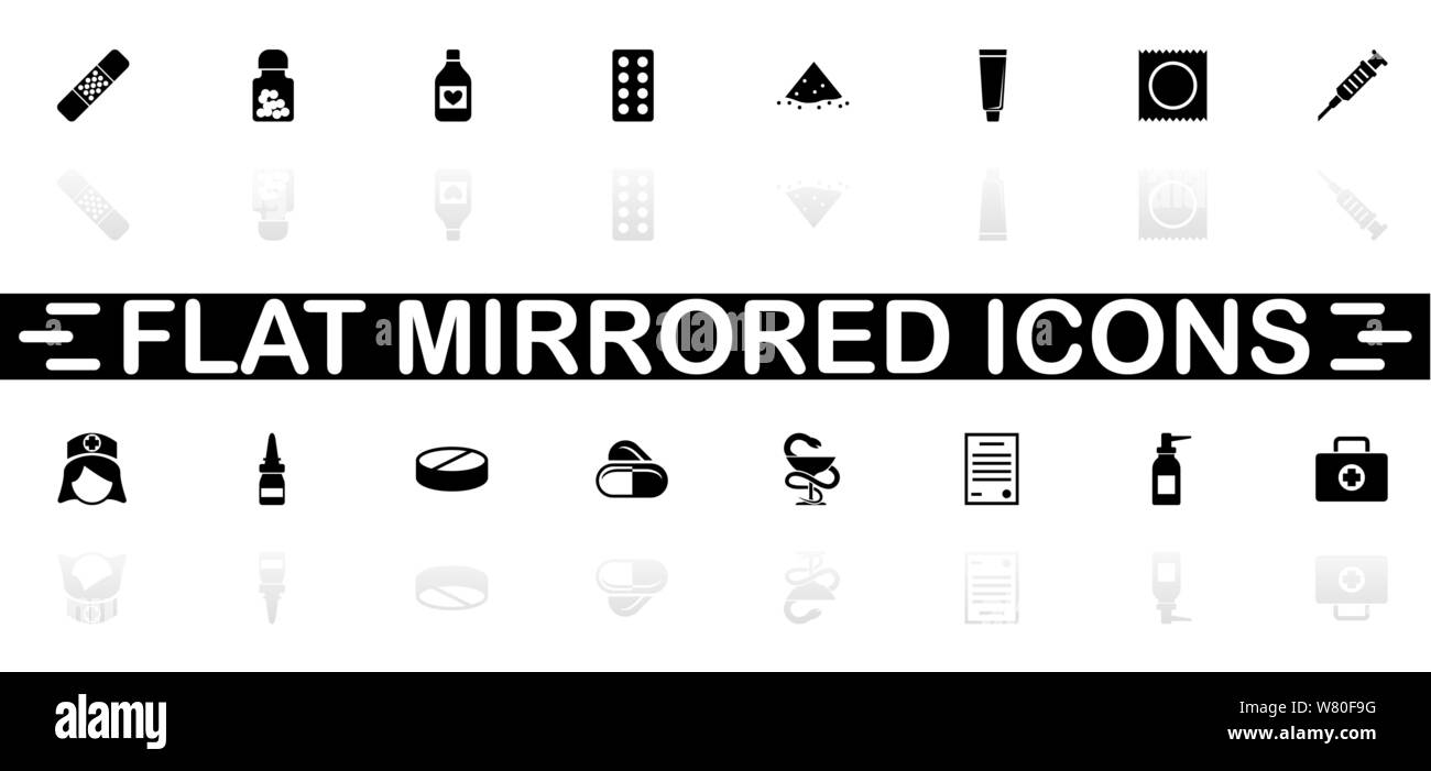 Farmacia icone - simbolo nero su sfondo bianco. Illustrazione semplice. Piatto icona Vettore. Specchio ombra. Può essere utilizzato nel logo, web, mobile Illustrazione Vettoriale