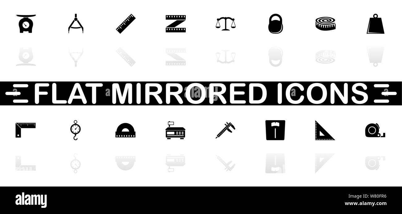 I righelli scale icone - simbolo nero su sfondo bianco. Illustrazione semplice. Piatto icona Vettore. Specchio ombra. Può essere utilizzato nel logo, web, mob Illustrazione Vettoriale