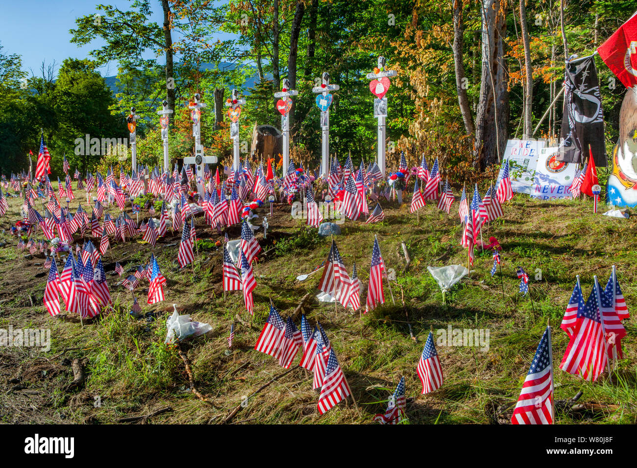 Sette croses bianco e decine di bandierine americane segnare il punto dove i membri del motociclo Jarheads gruppo morì a Randolph, New Hampshire. Foto Stock