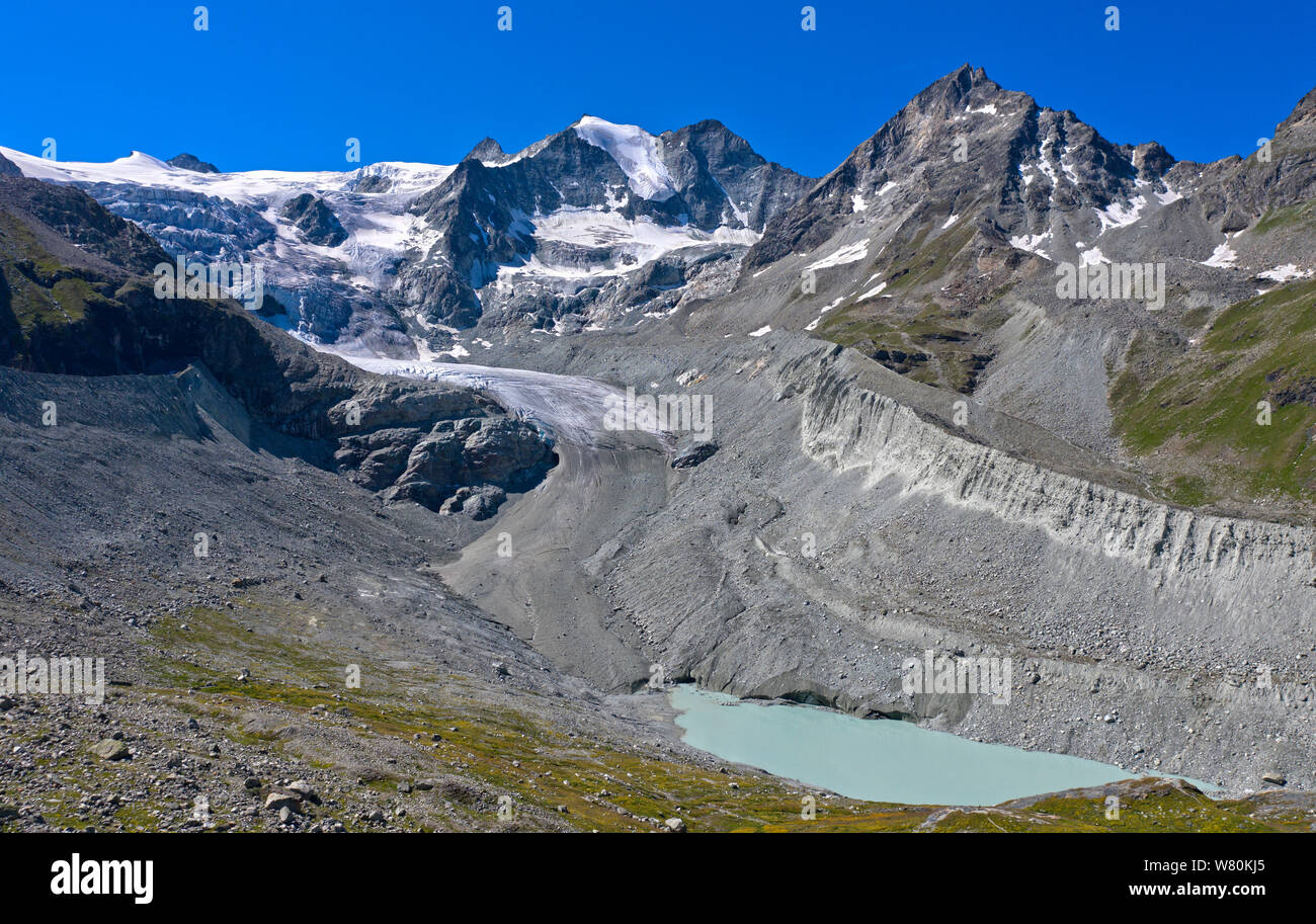 Il ghiacciaio di Moiry, ghiacciaio de Moiry, terminante in una lingua del ghiacciaio, morene e il lago glaciale, Val d'Anniviers, Vallese, Svizzera Foto Stock