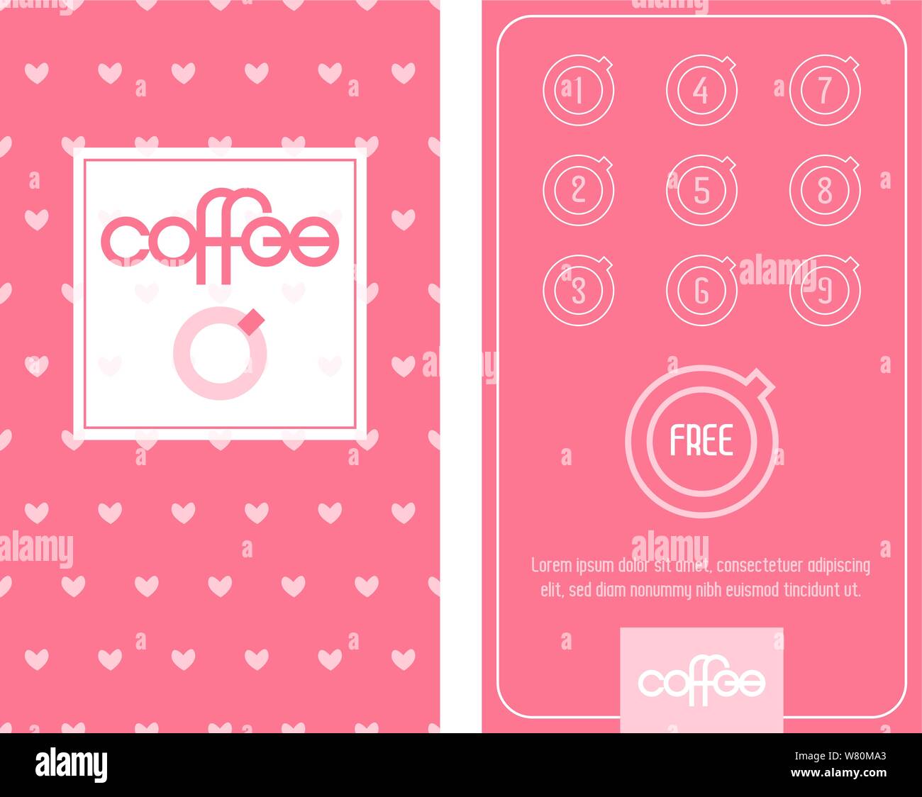 Caffè Loyalty card. Modello di colore rosa con carino romantico Cuori rosa. Illustrazione Vettoriale