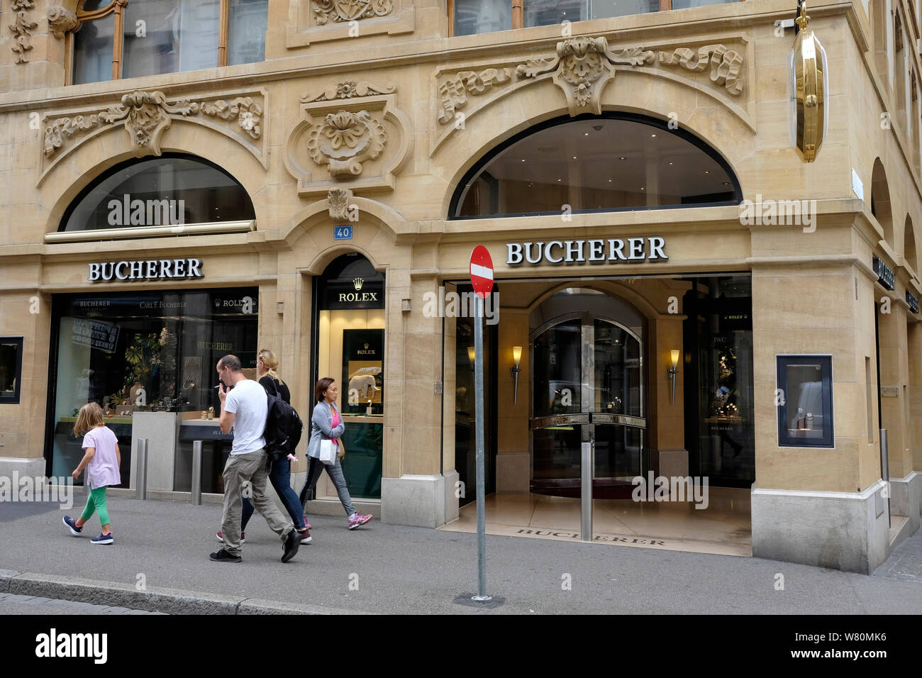 Una vista di Bucherer, un orologio di lusso maker a Basilea in Svizzera Foto Stock