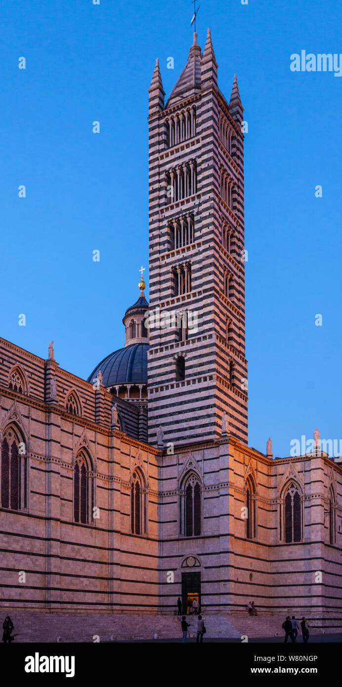 Dettaglio verticale del campanile / campanile e la cupola con lanterna del duomo di Siena, Cattedrale, Cattedrale, una cattedrale medievale: XIII secolo. Foto Stock