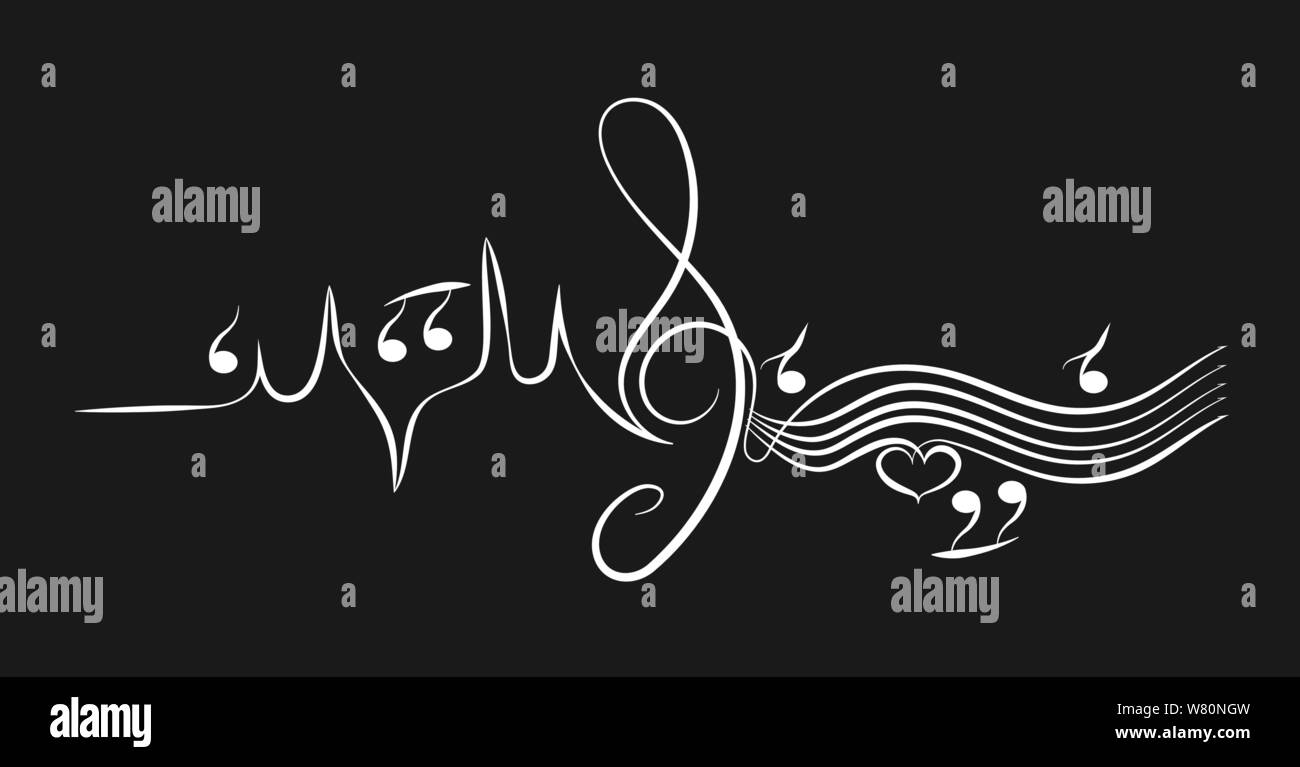 La musica del cuore. Curva di heartbeat e note musicali sul pentagramma, design semplice Illustrazione Vettoriale