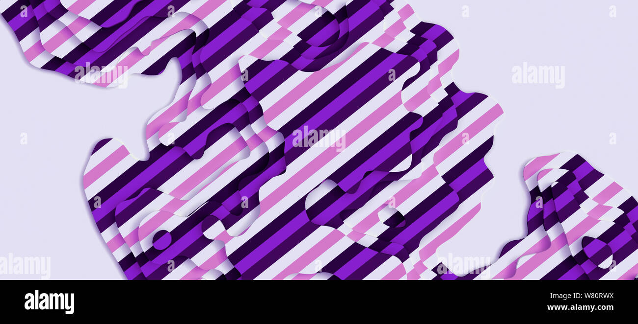 3D del paesaggio carta tagliata stile. Lo spazio vuoto. Forme curvilinee con rosa viola strisce bianche su sfondo bianco. Abstract linee geometriche pattern Foto Stock