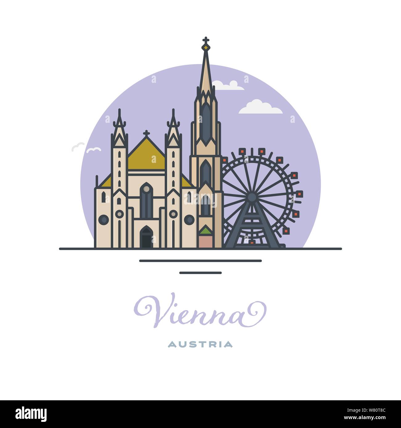 Saint Stephens Cathedral e il Prater ruota panoramica Ferris, Vienna, piatta illustrazione vettoriale. Turismo e Viaggi icona. Illustrazione Vettoriale