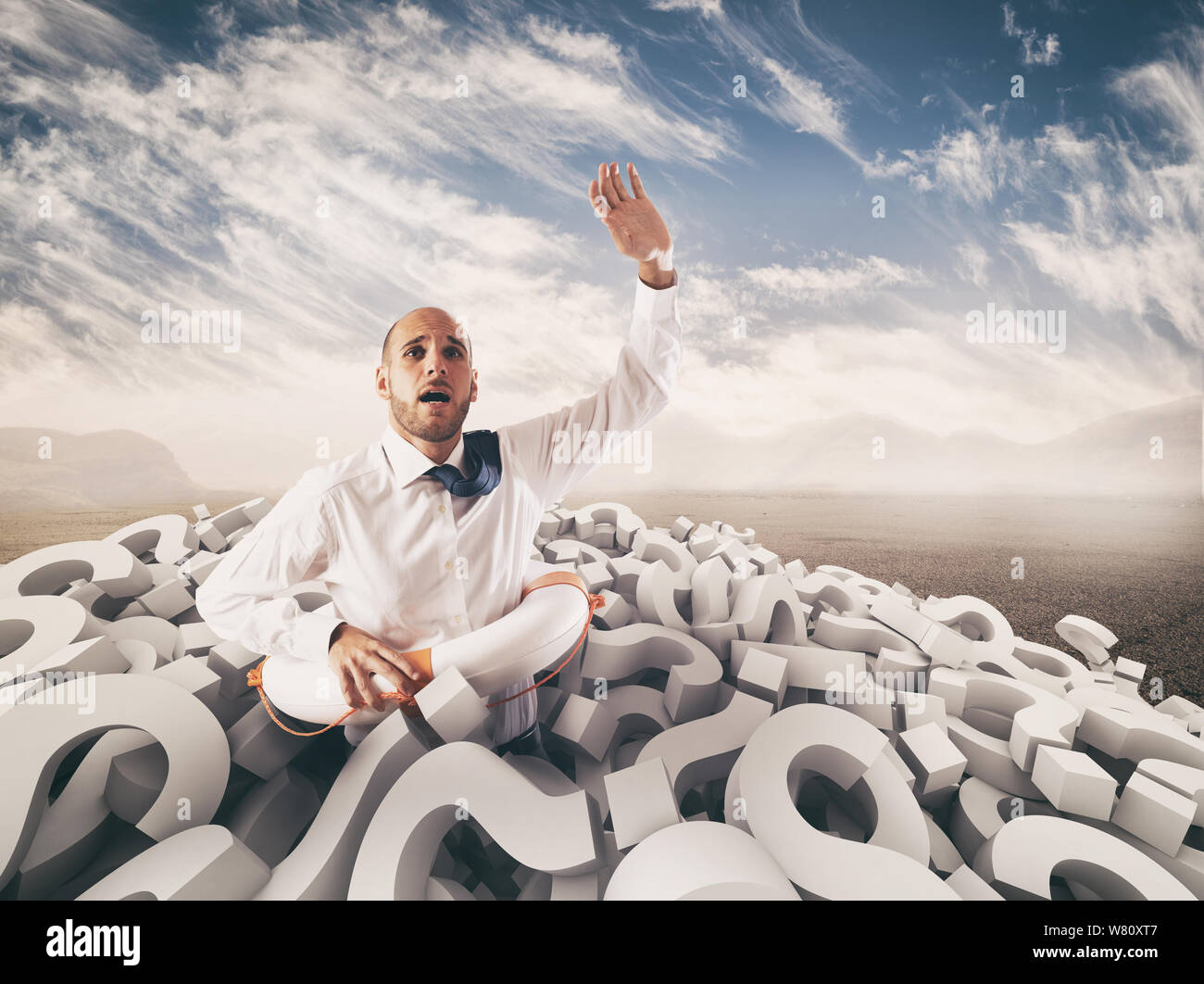 L'uomo chiede aiuto sommerso dai punti di domanda. Il rendering 3D Foto Stock