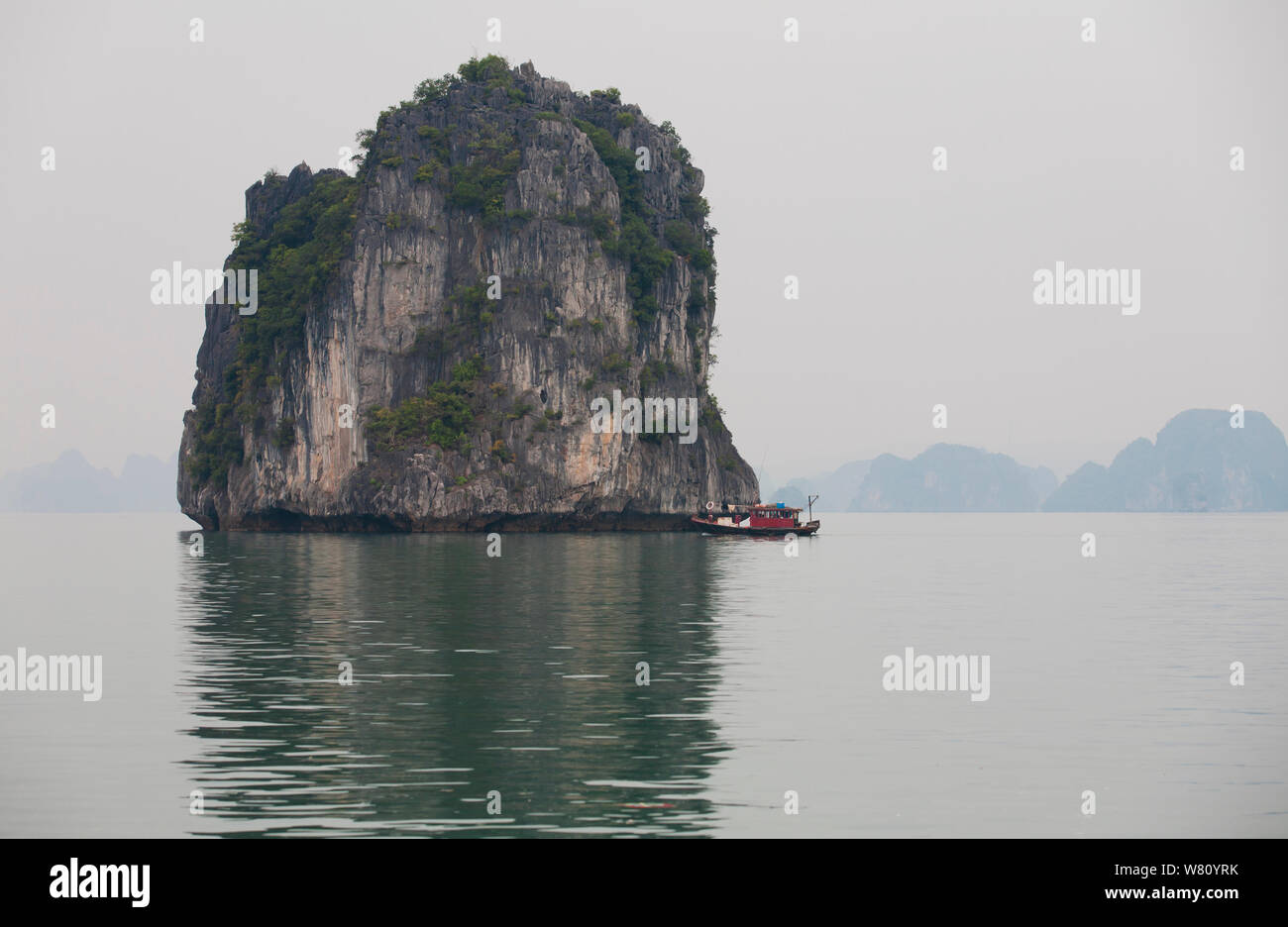 Famose pile di calcare nella baia di Halong, Vietnam Foto Stock