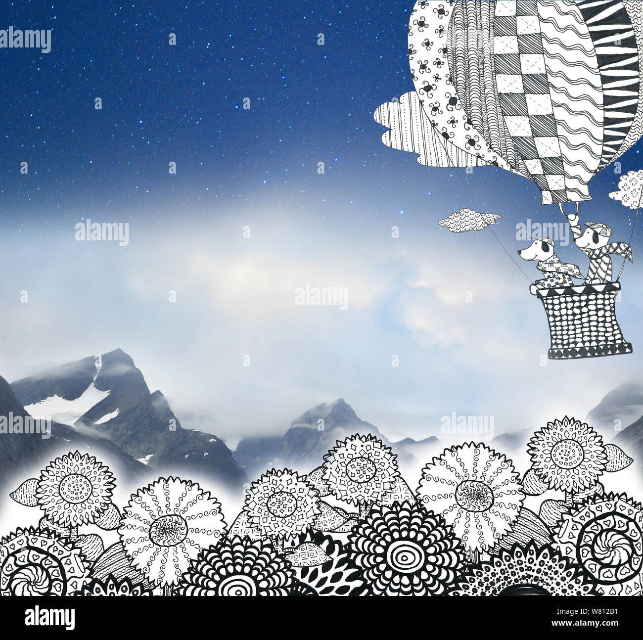 Illustrazione Pattern balloon cani girasoli montagne day night sky  da jziprian Foto Stock