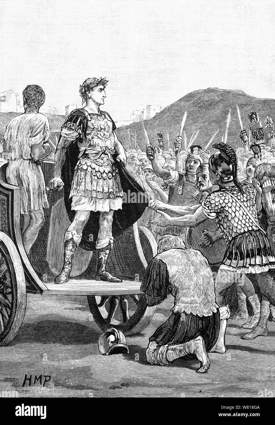 Julius Caesar affrontando la scontentezza legioni nel Campo Marzio. Julius Caesar era appena tornato da frantumazione i seguaci del suo grande rivale, Pompeo il grande. Il popolo di Roma hanno organizzato una festa nel 46 A.C. che comprendesse una battaglia navale su un lago artificiale costruito nel Campo Marzio riempito di acqua dal vicino fiume Tevere. Lì, due flotte di biremes, triremes e quadriremes con 4.000 galeotti e 2.000 membri dell'equipaggio a bordo si scontrarono in una completa ricostruzione di una battaglia navale noto come la naumachia-dalla parola greca per la battaglia navale. Foto Stock