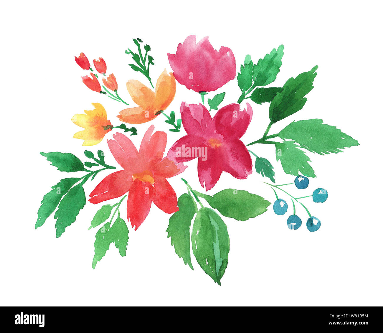 Disegno a mano boho acquerello illustrazione floreale con rosso, arancio  fiori gialli, blu di bacche e foglie verdi Foto stock - Alamy