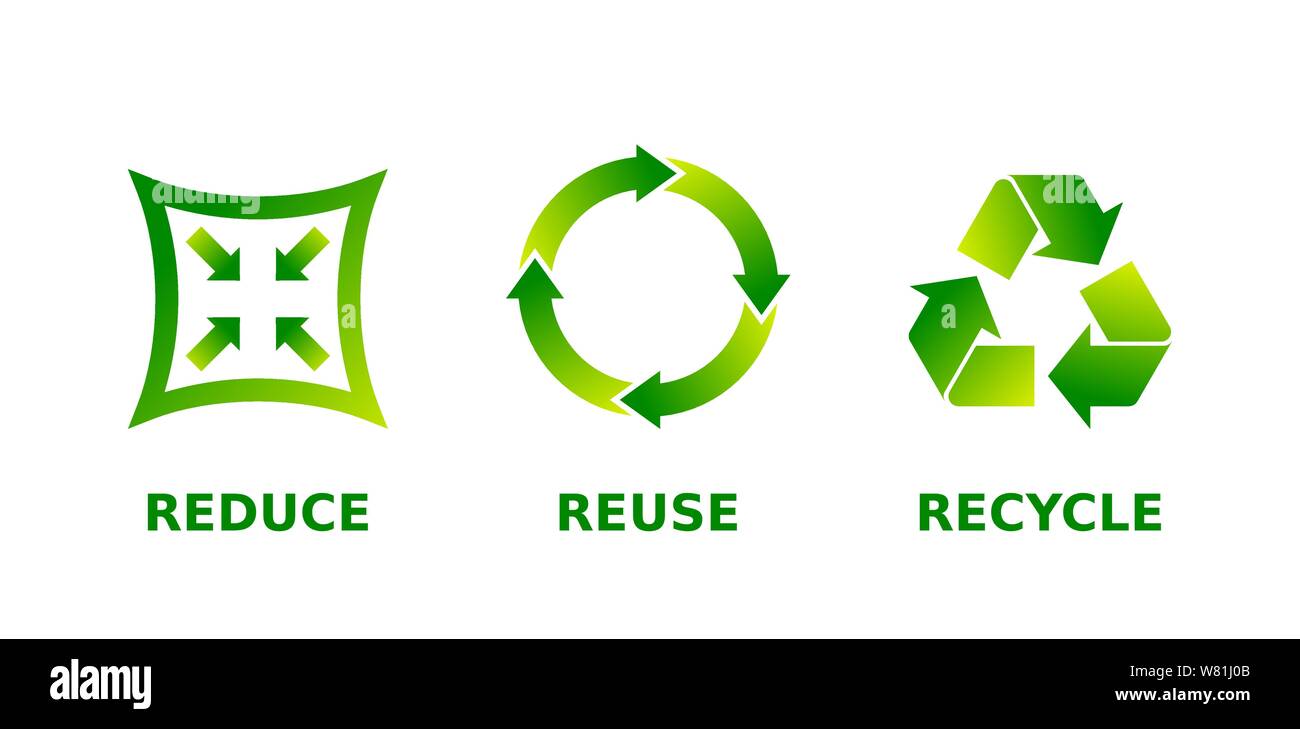 Ridurre, riutilizzare e riciclare il segno set. Tre differenti gradiente verde riciclare, ridurre, riutilizzare le icone. Ecologia e sostenibilità, consapevole del consumismo. Vettore Illustrazione Vettoriale