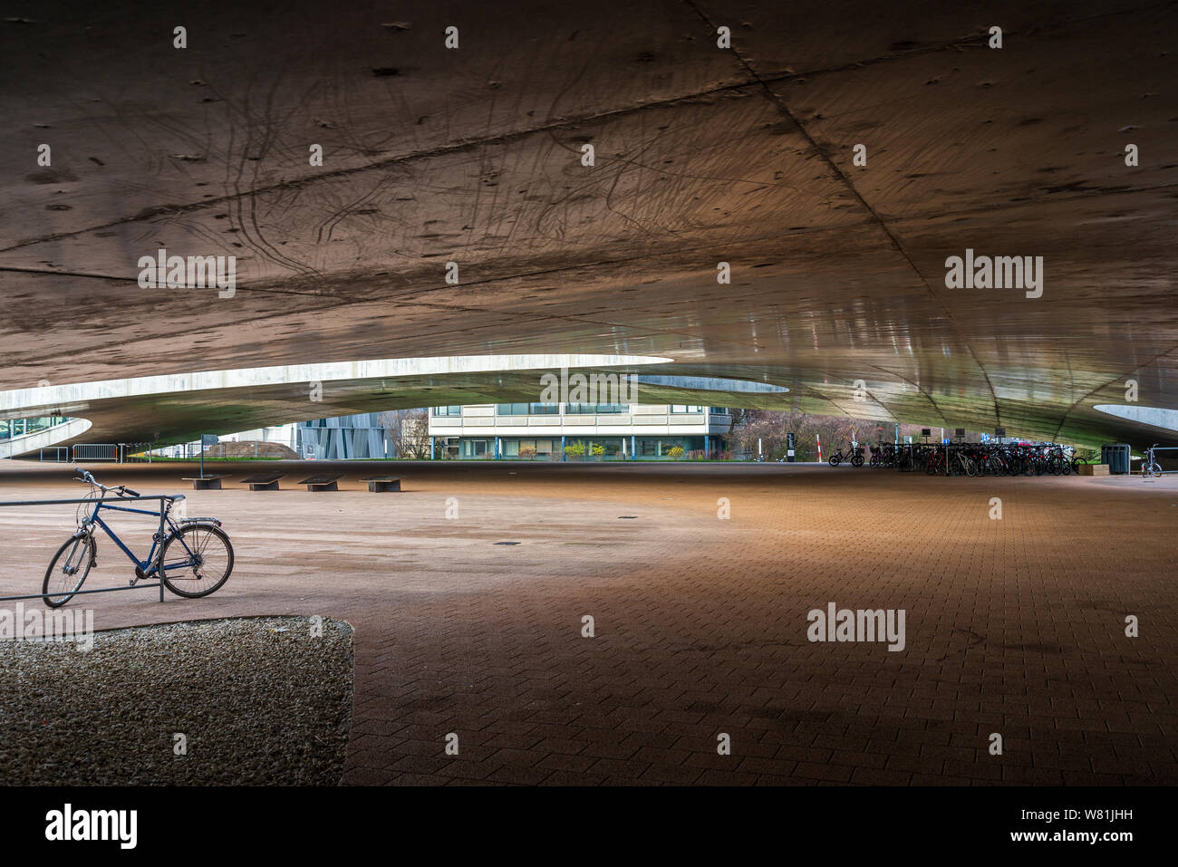 Esterno al piano terra della Rolex Learning Center (EPFL) con calcestruzzo affascinano ondulata di pavimento forato e tetto con facciata di vetro. Foto Stock