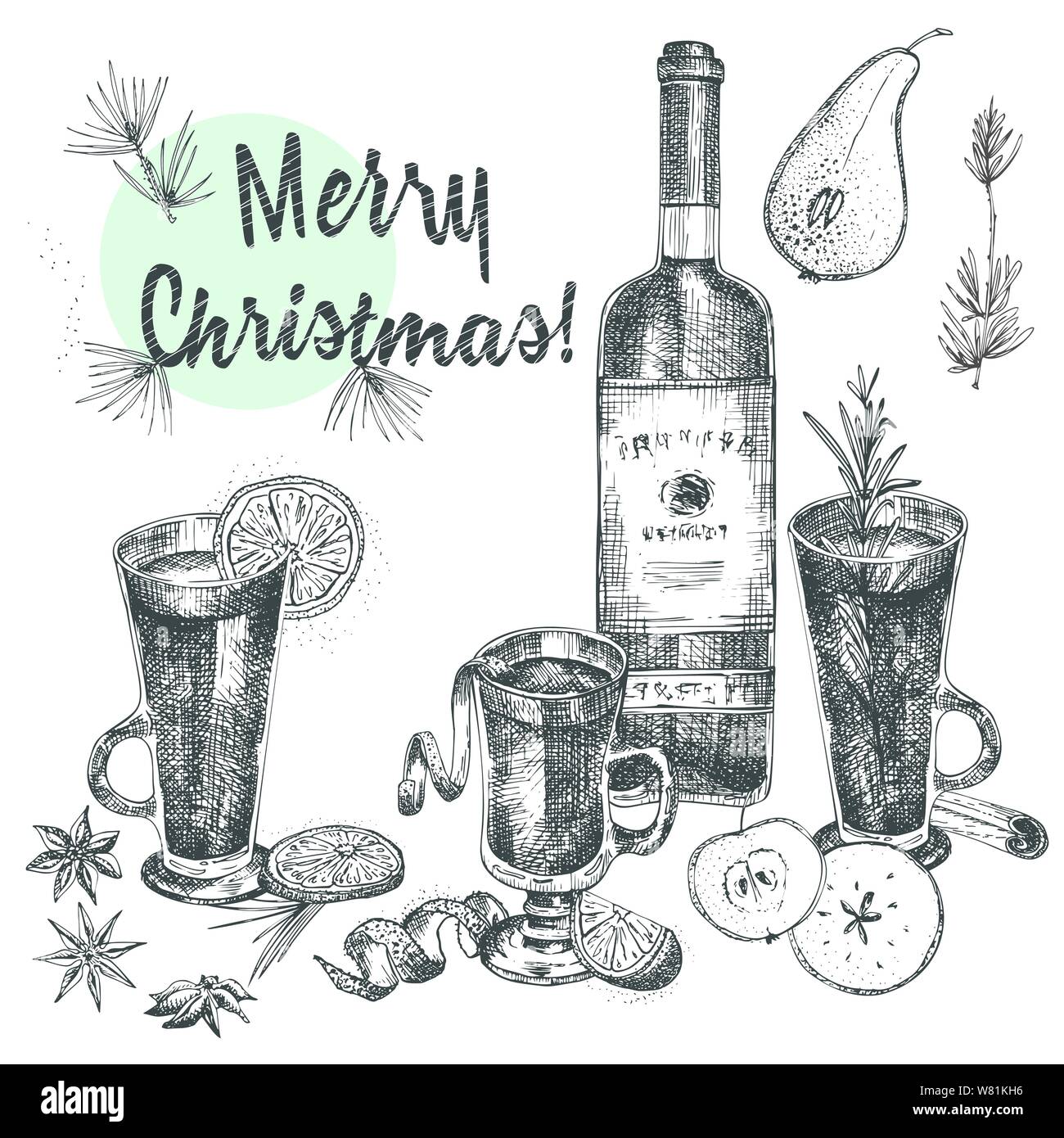 Set di spezie invernali natalizie disegnate a mano, bicchieri di bevande invernali tradizionalmente calde e bottiglia di vino . Buona idea per menu modelli, ricette Illustrazione Vettoriale