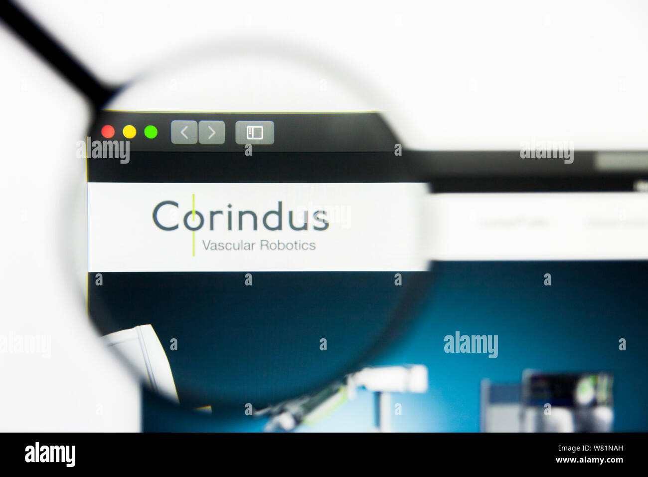 Richmond, Virginia, Stati Uniti d'America - 7 Agosto 2019: Editoriale illustrativa di Corindus robotica vascolare Inc website homepage. Vascolari Corindus Robotics Inc log Foto Stock