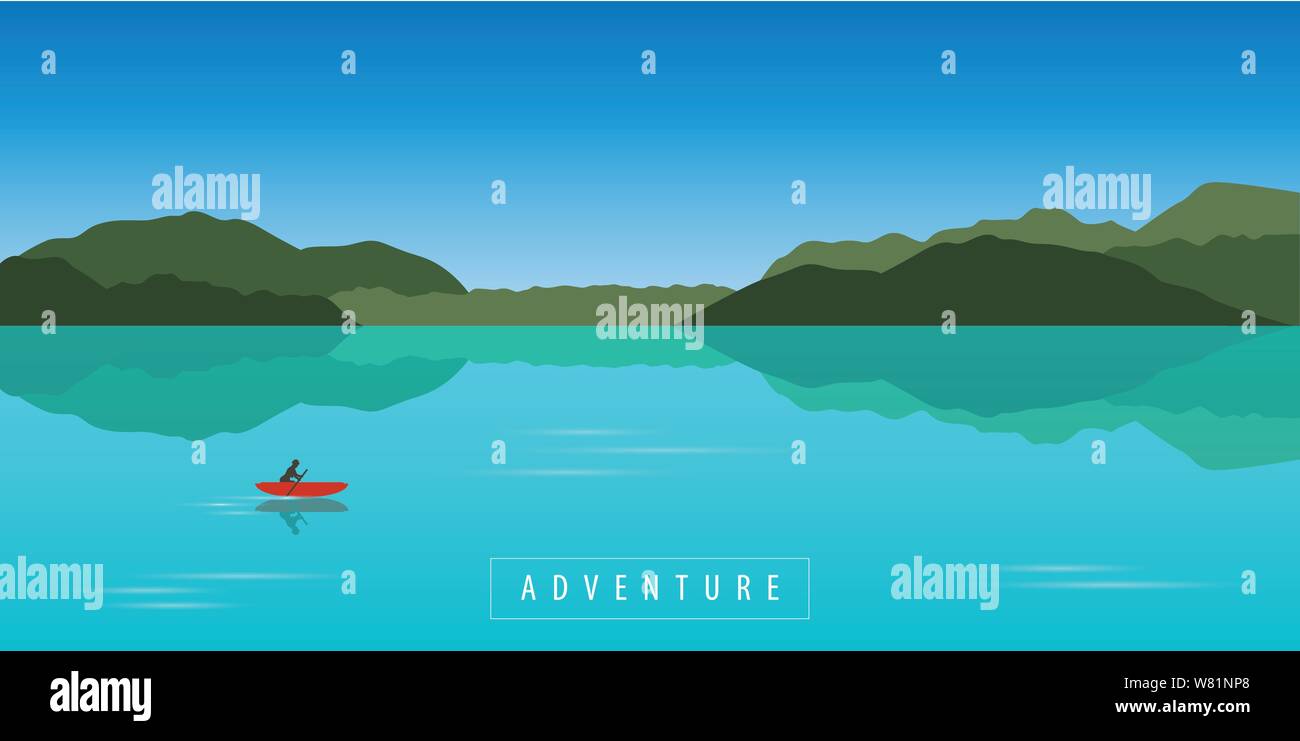 Lonely canoa avventura con barca rossa sul bellissimo lago turchese illustrazione vettoriale EPS10 Illustrazione Vettoriale