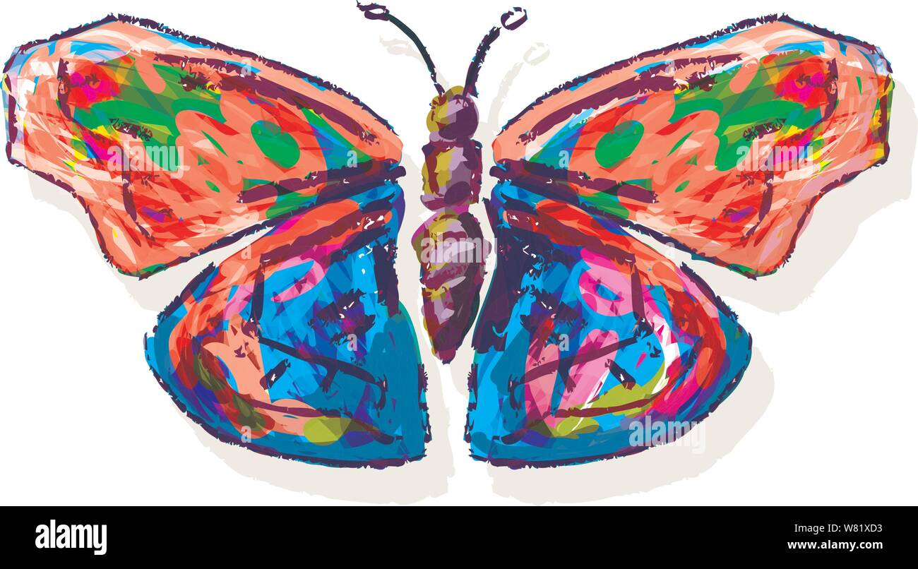 Crazy stile pastello a farfalla colorata con grandi ali e lunga anteni Illustrazione Vettoriale
