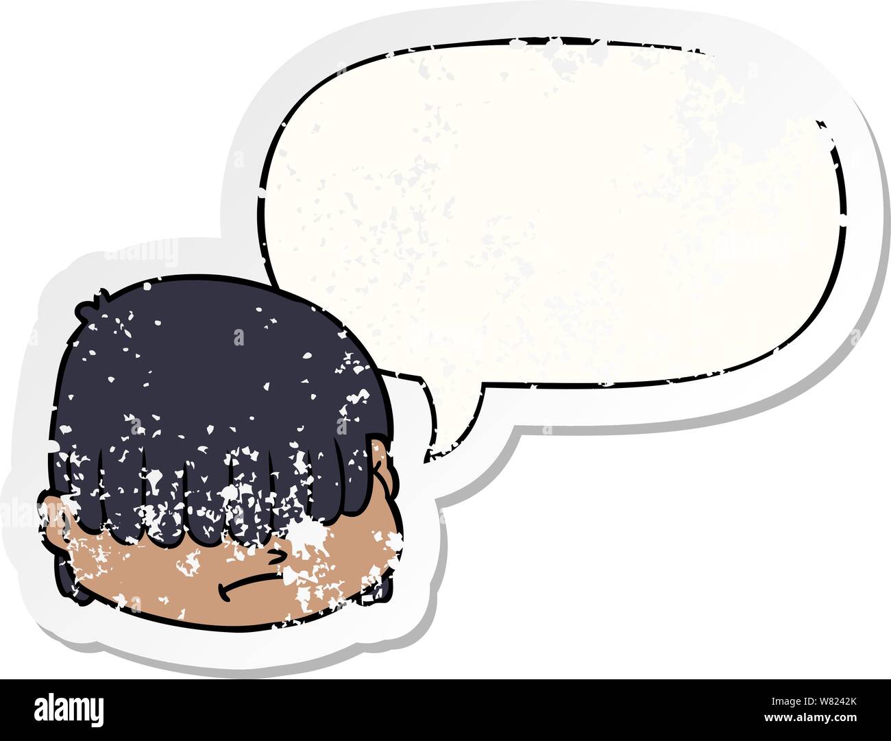 Cartoon faccia con capelli sopra gli occhi con discorso bolla addolorato addolorato il vecchio adesivo Illustrazione Vettoriale
