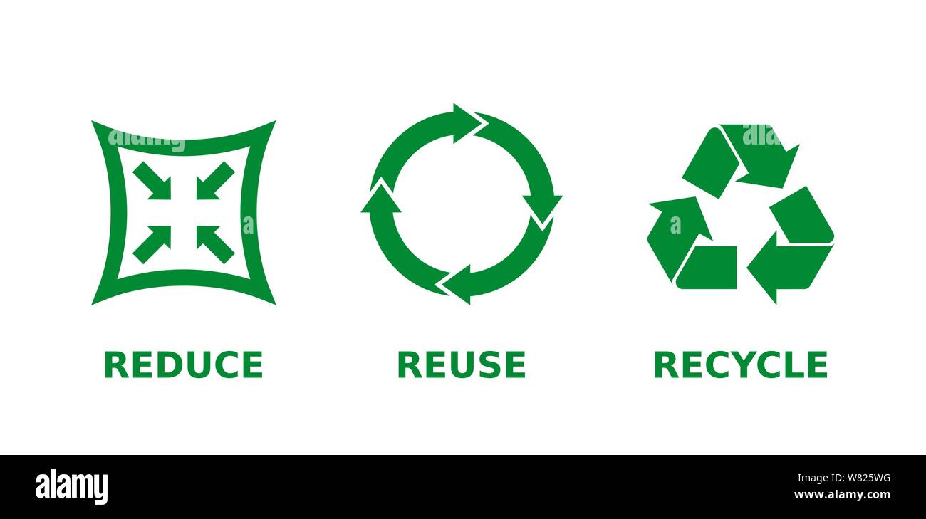 Ridurre, riutilizzare e riciclare icon set. Ecologia, rifiuti zero, sostenibilità, consapevole del consumismo, rinnovare,concetto.Tre riciclo verde,ridurre, riciclare i segni. Illustrazione Vettoriale