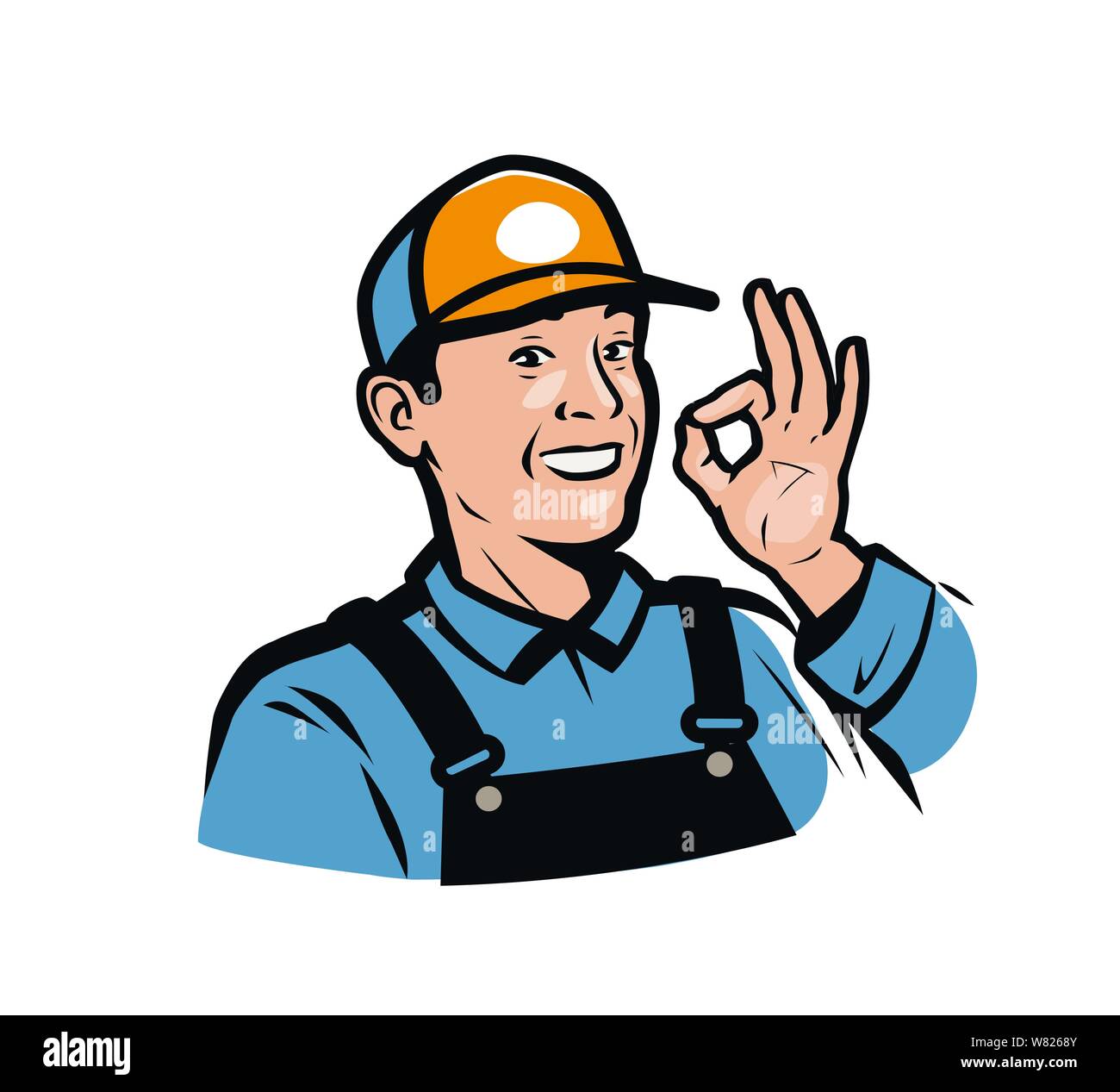 Lavoratore sorridente gesto ok. Assistenza, riparazione, consegna logo. Illustrazione Vettoriale Illustrazione Vettoriale