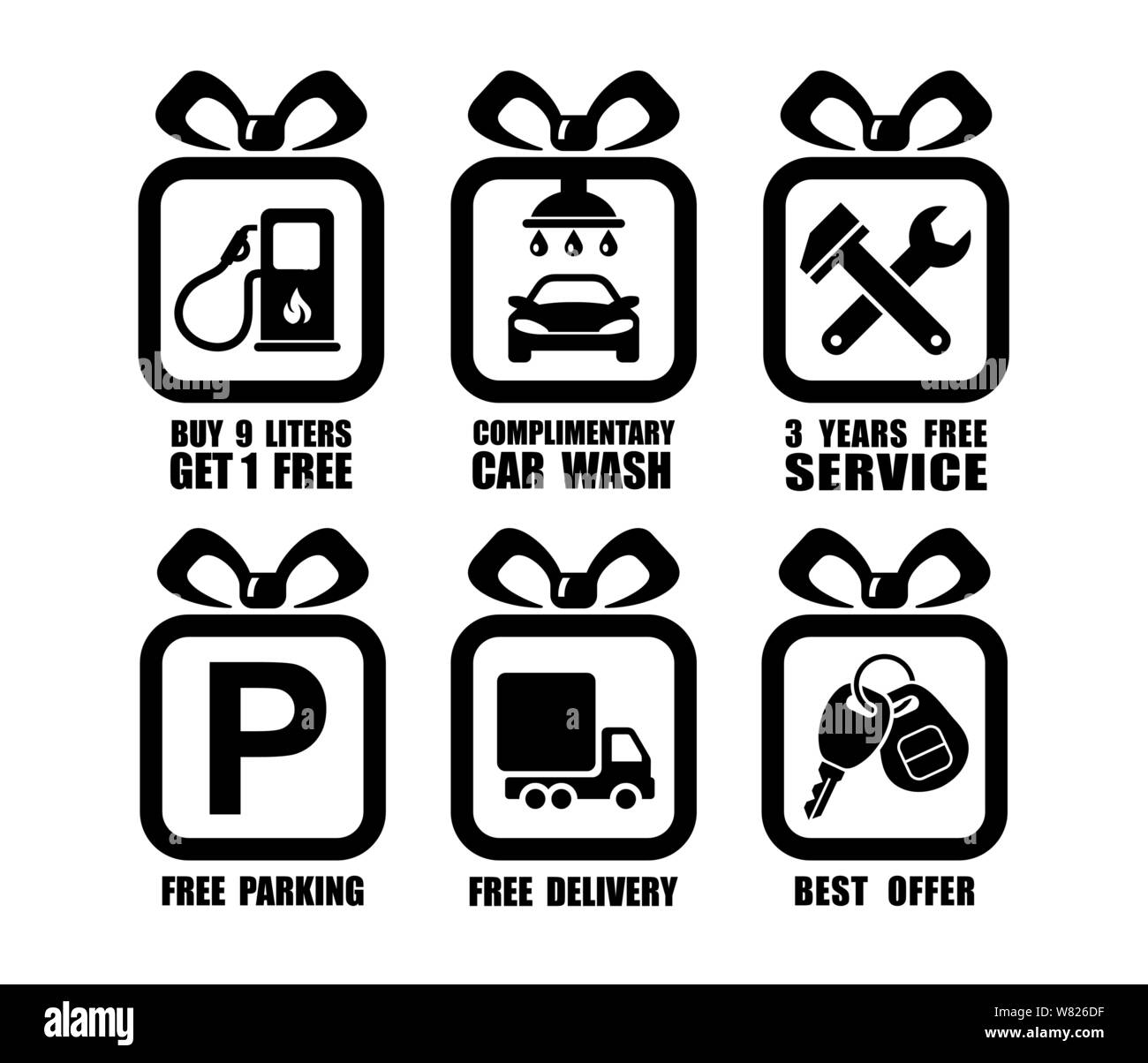 Vettore collezione di auto regalo icone piana, servizio auto simboli quadrati Illustrazione Vettoriale