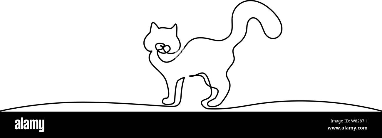 Continuo di un disegno della linea. Gatto in piedi con la coda arricciata. Illustrazione Vettoriale Illustrazione Vettoriale