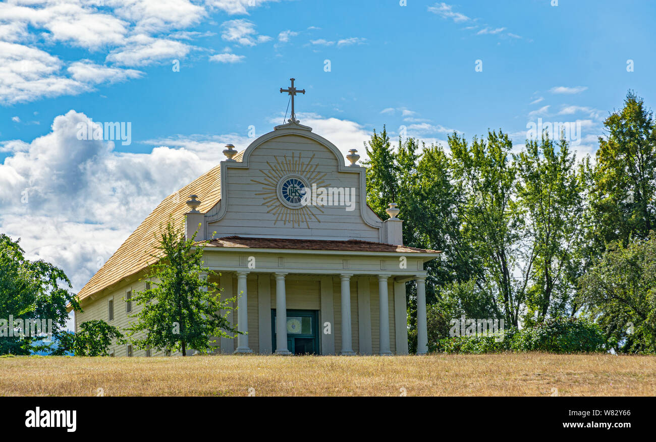Idaho, Cataldo, Coeur d'Alene la Vecchia Missione del parco statale, la missione del Sacro Cuore, costruita 1850-53. Foto Stock
