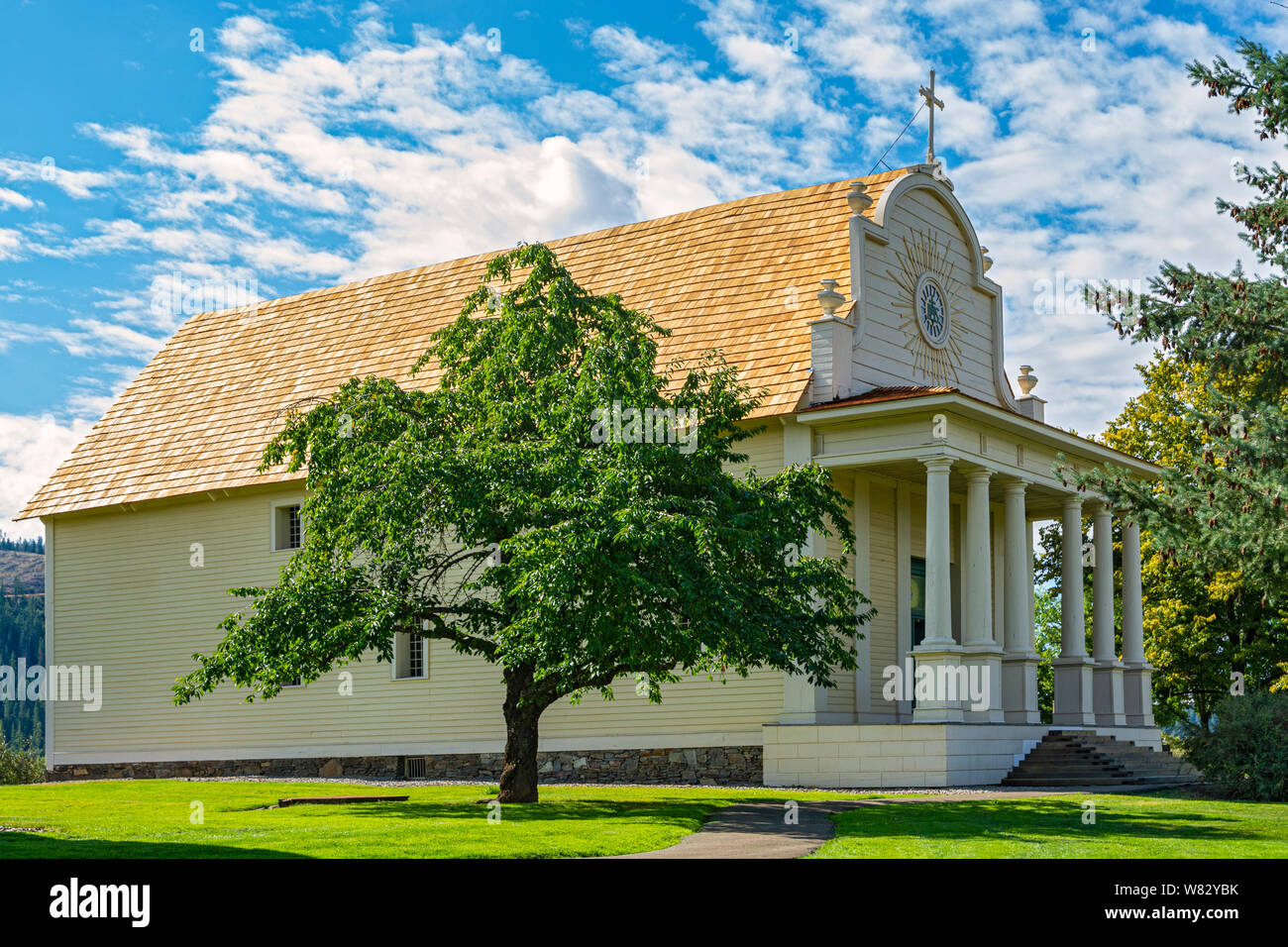 Idaho, Cataldo, Coeur d'Alene la Vecchia Missione del parco statale, la missione del Sacro Cuore, costruita 1850-53. Foto Stock