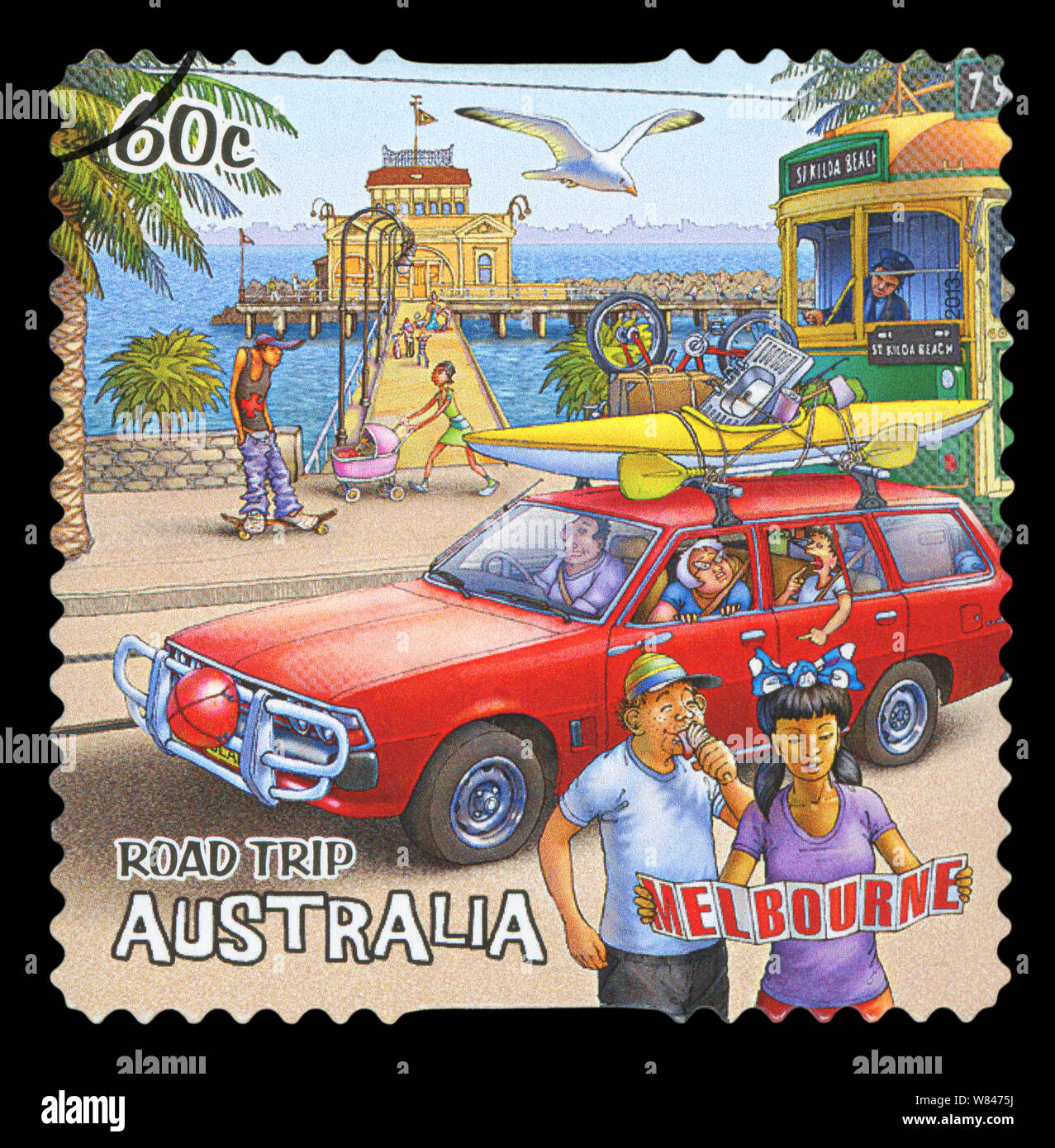 AUSTRALIA - circa 2013: un timbro stampato in Australia dedicata al viaggio su strada mostra Melbourne, Victoria, Australia, circa 2013 Foto Stock