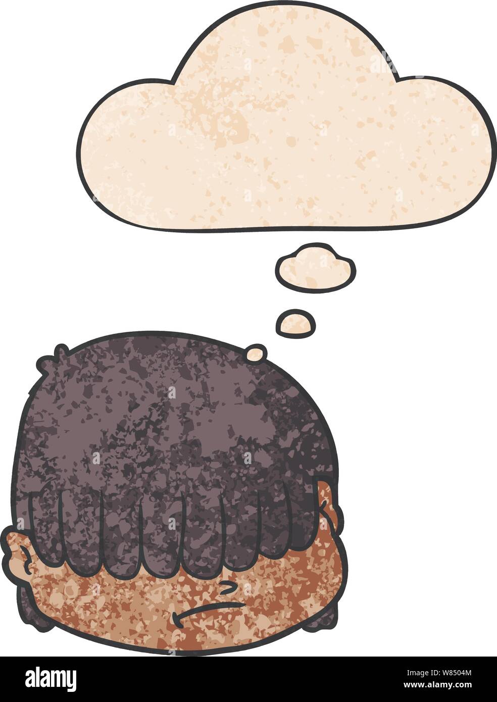 Cartoon faccia con capelli sopra gli occhi con bolle di pensiero in grunge stile di tessitura Illustrazione Vettoriale