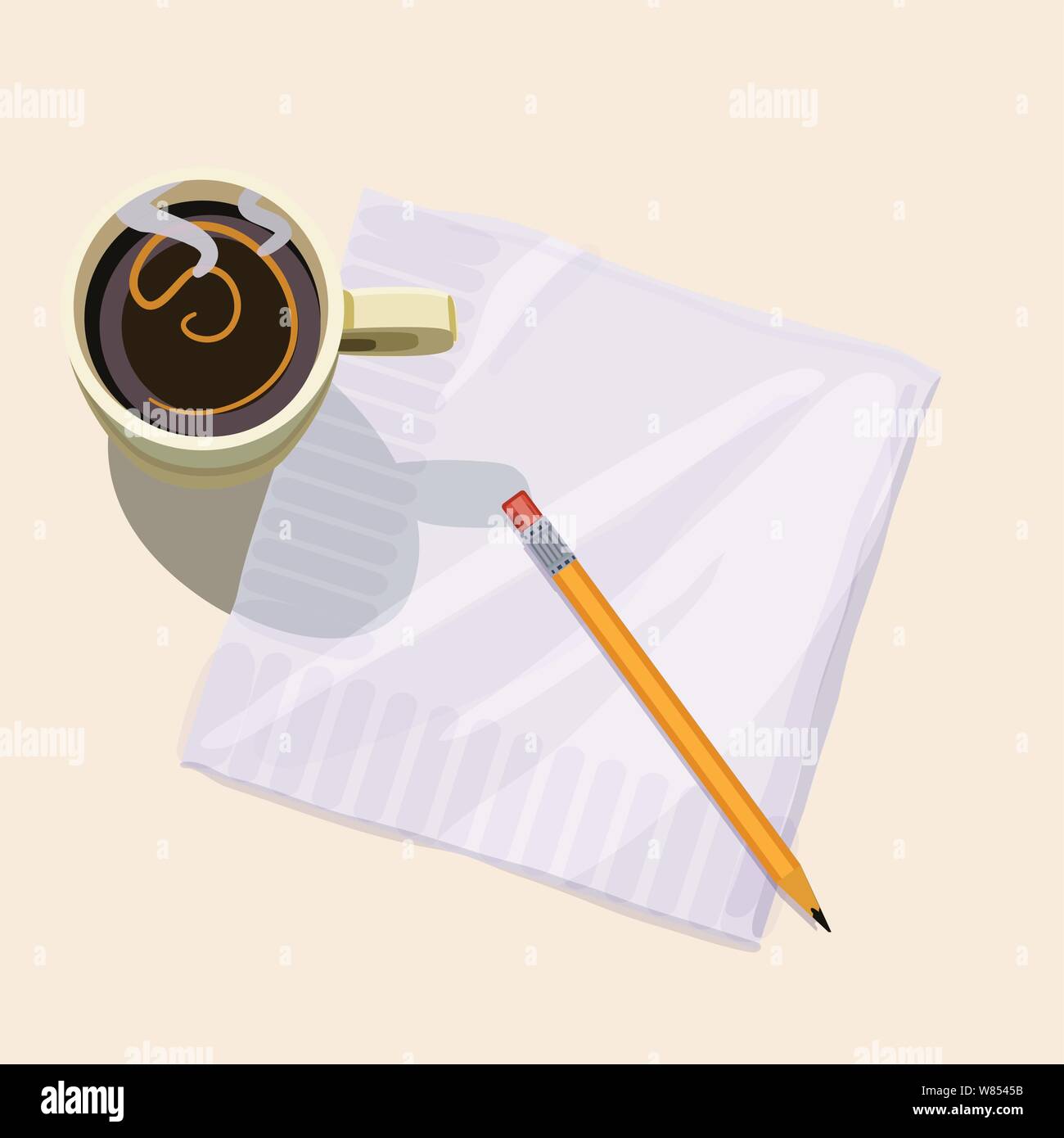 Tazza di caffè fumante e un tovagliolo e matita seduti su un asse di legno tabella Illustrazione Vettoriale