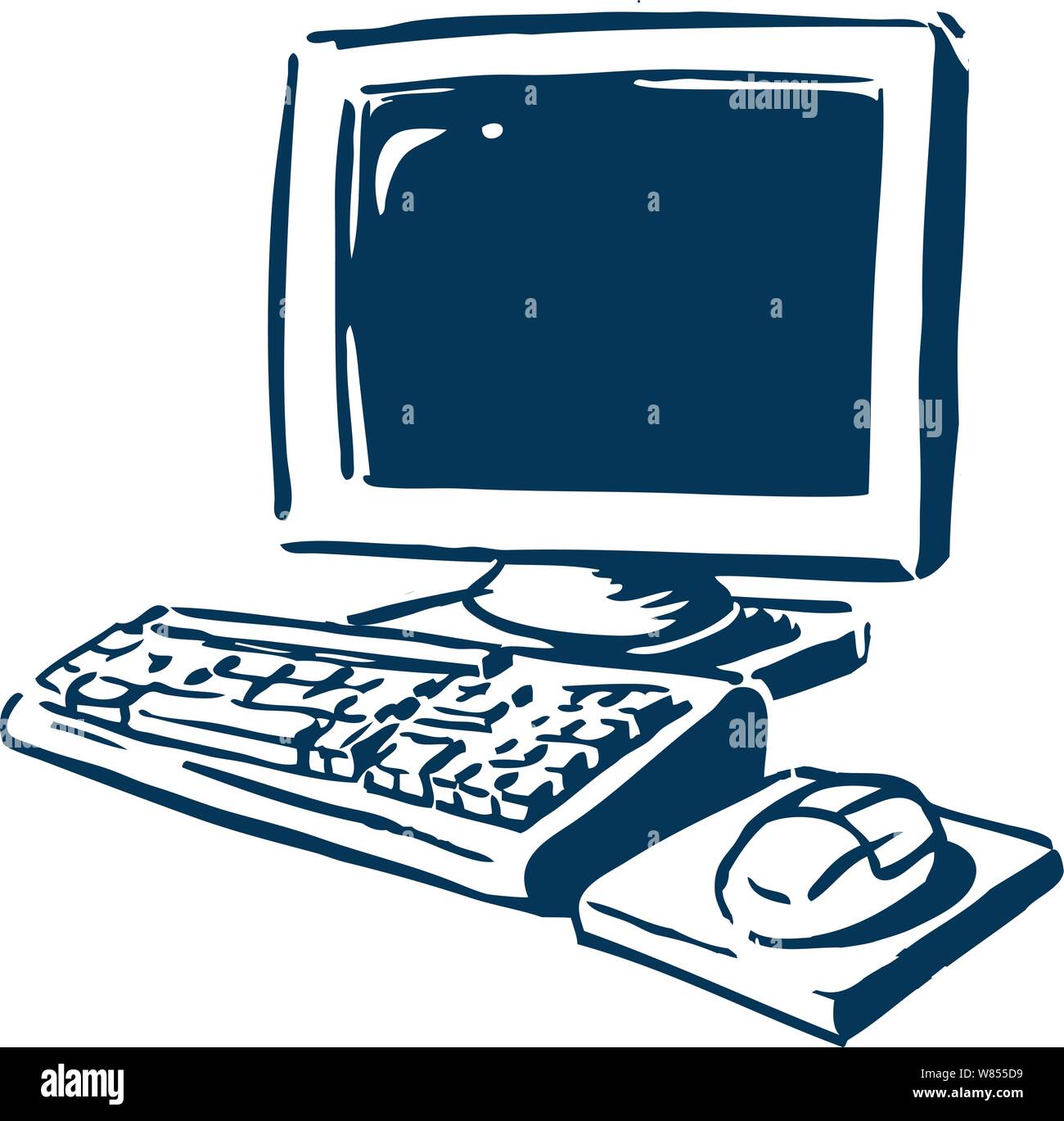 Monitor, mouse e tastiera del computer di casa in modo lasco stazione disegnata a mano Illustrazione Vettoriale