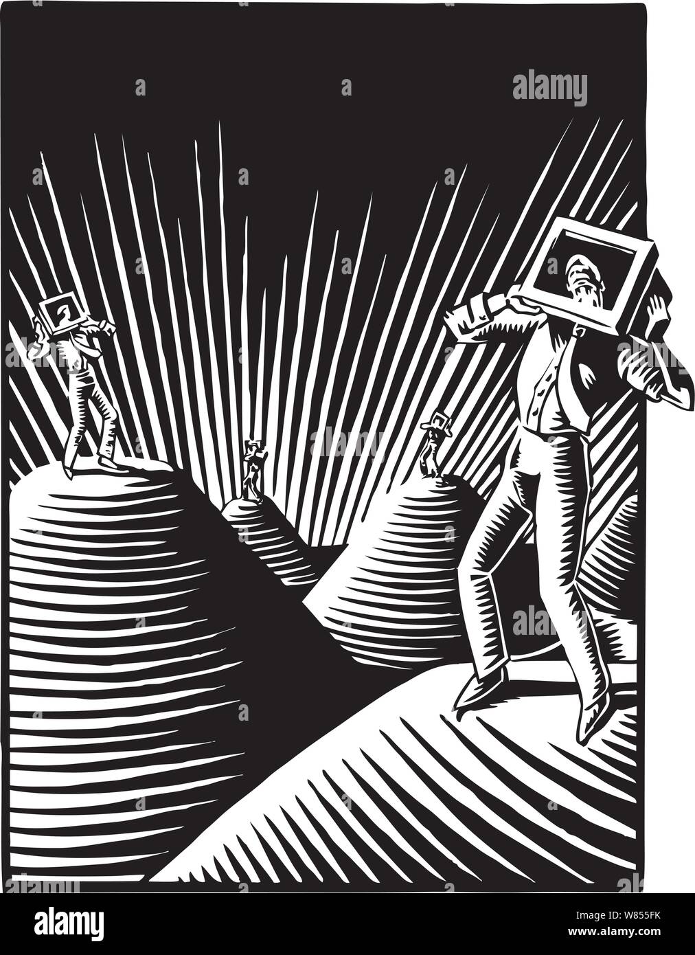 Tecnologia di alleggerimento di uomini sono in piedi sulle colline tring per rimuovere il vecchio monitor di computer dalle loro teste don in una linea modellata stile scratchbord Illustrazione Vettoriale