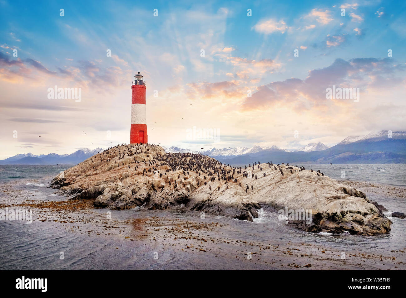 Vista Panormaic marziali della montagna e Les Eclaireurs Lighthouse, giacente su di un isola dove i leoni di mare e cormorans resto, circondato da un caldo sole Foto Stock