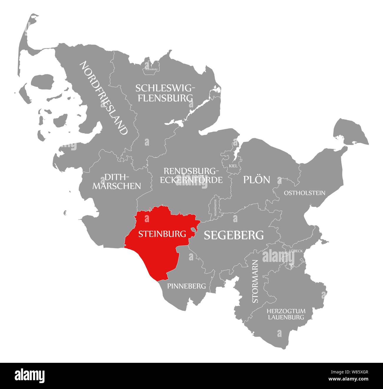 Steinburg evidenziata in rosso nella mappa di Schleswig Holstein Germania Foto Stock