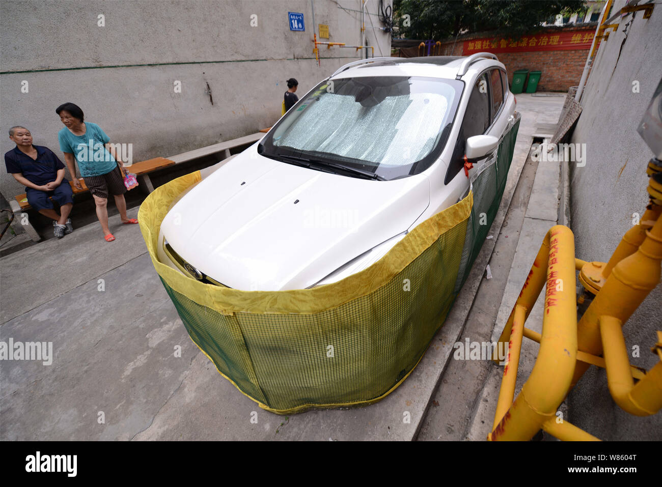 Un auto è circondata da una rete per impedire che i topi da invasione a una comunità residenziale in Nanning city, a sud della Cina di Autonoma di Guangxi Zhuang Regi Foto Stock