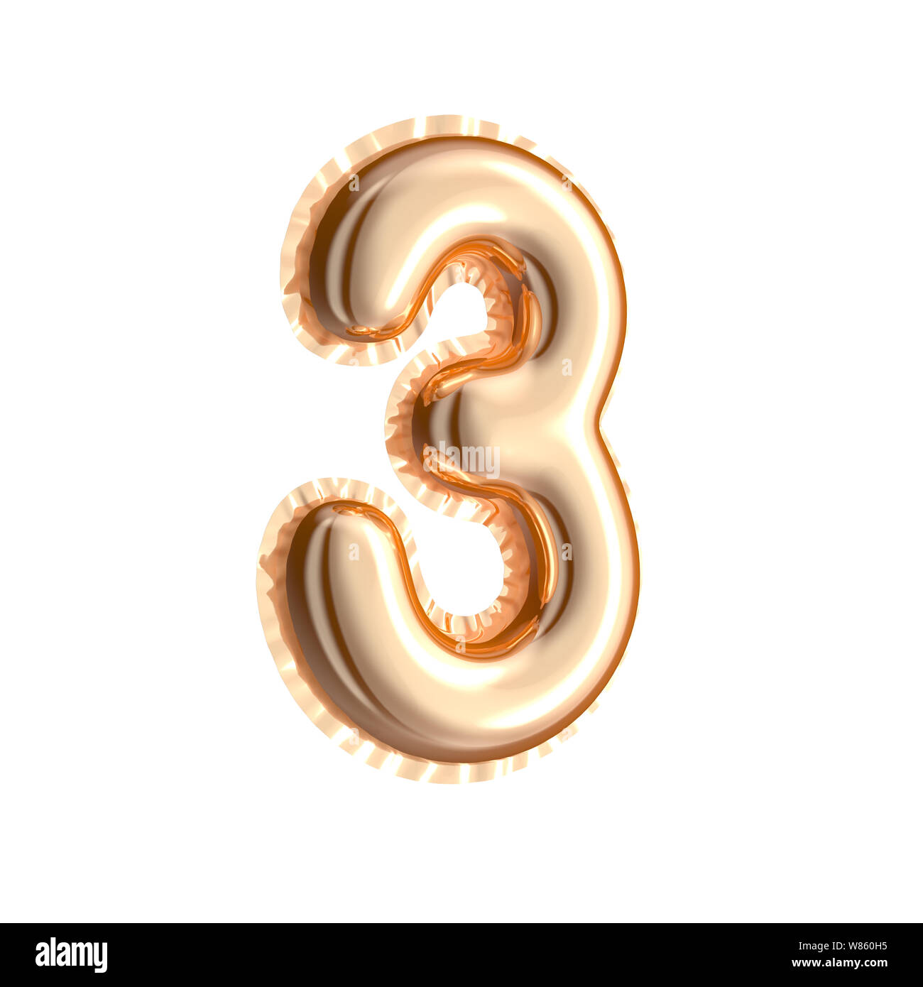 Il colore è dorato di inclinazione a destra il numero del palloncino 3 isolati su sfondo bianco, rendering 3D Foto Stock