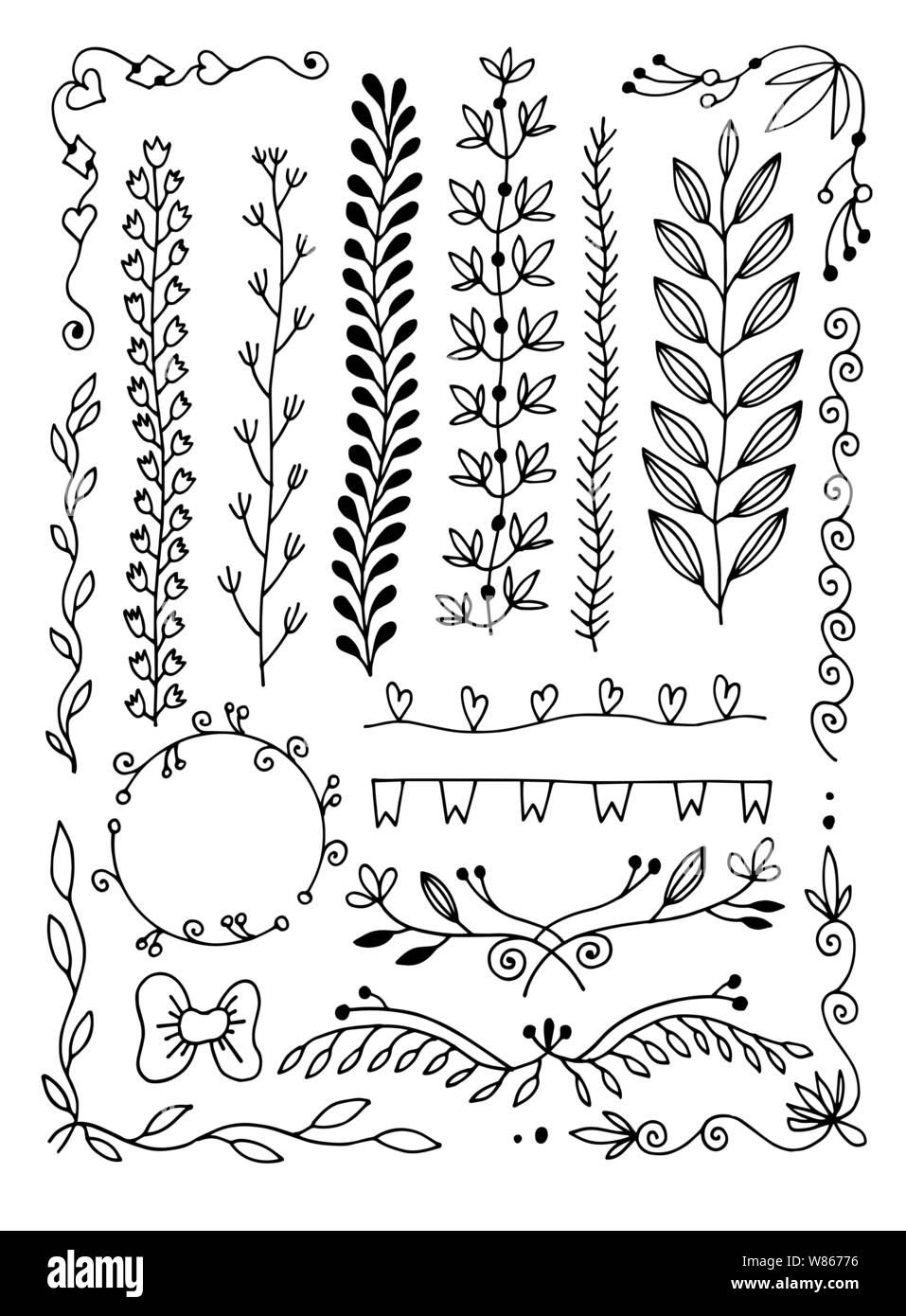 Set di disegno a mano doodle pagina divisore, border, angolo in doodle stile floreale Illustrazione Vettoriale