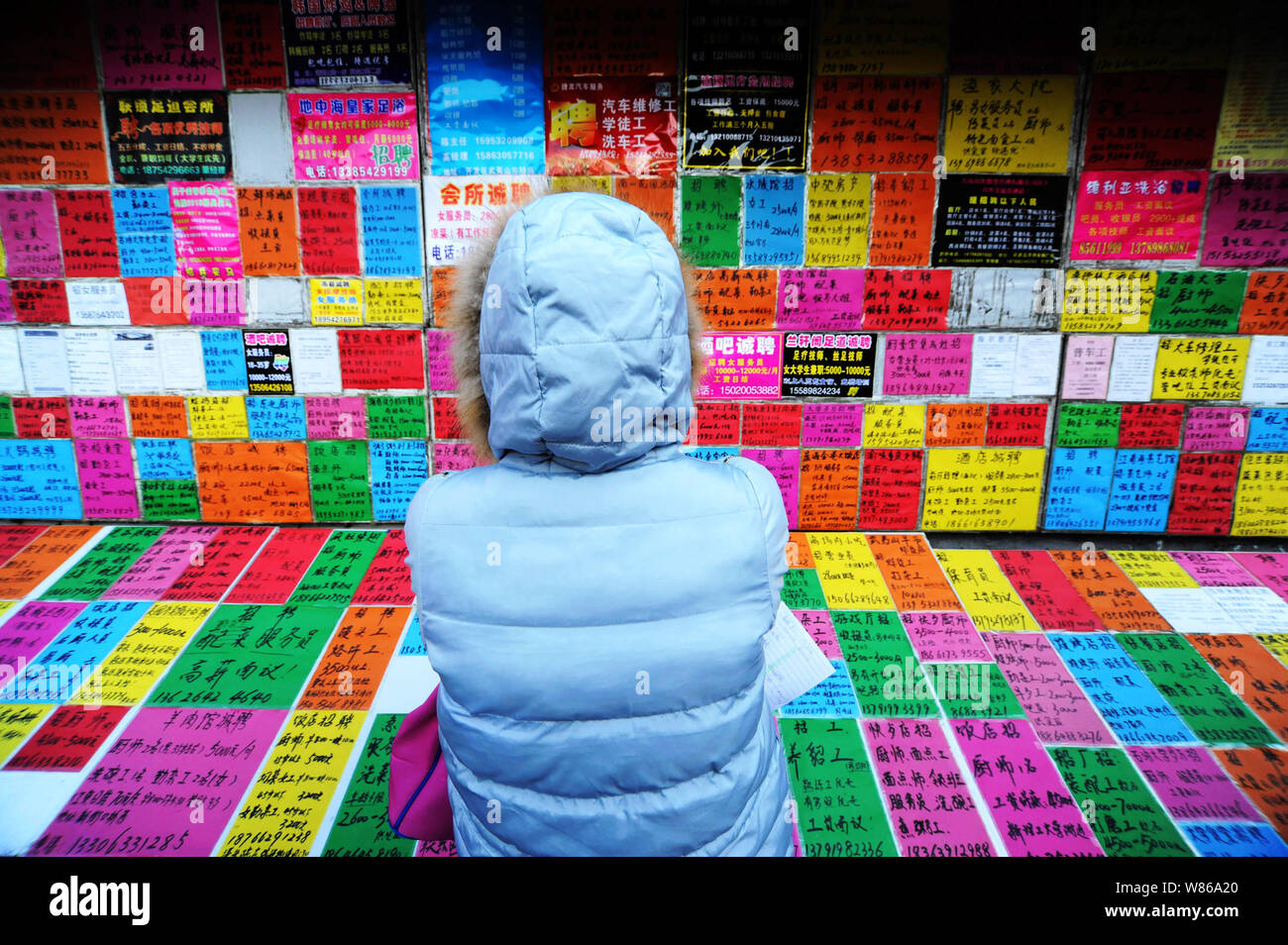 --FILE--un cinese job seeker legge informazioni di assunzione in un mercato del lavoro nella città di Qingdao, Cina orientale della provincia di Shandong, 24 febbraio 2016. Della Cina di urban Foto Stock