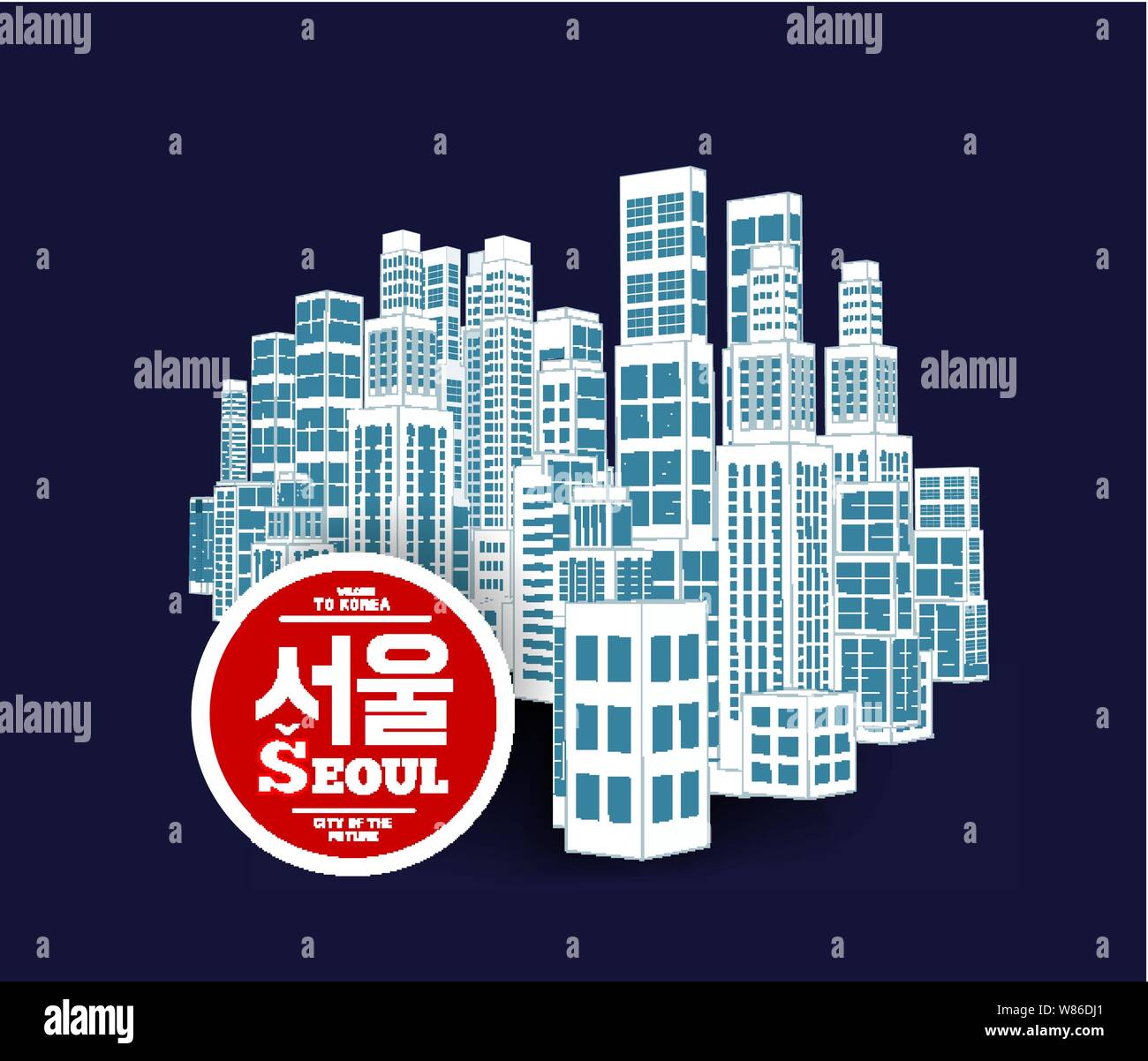 Seul è una città di grattacieli, uno dei centri finanziari della Corea del Sud. Illustrazione Vettoriale con la silhouette della città Illustrazione Vettoriale