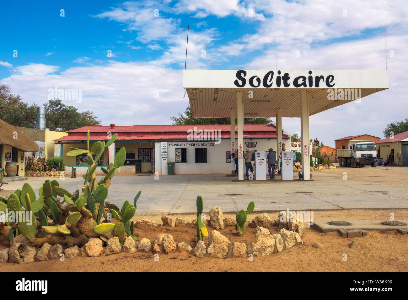 Solitaire gas stazione vicino il Namib-Naukluft National Park in Namibia Foto Stock