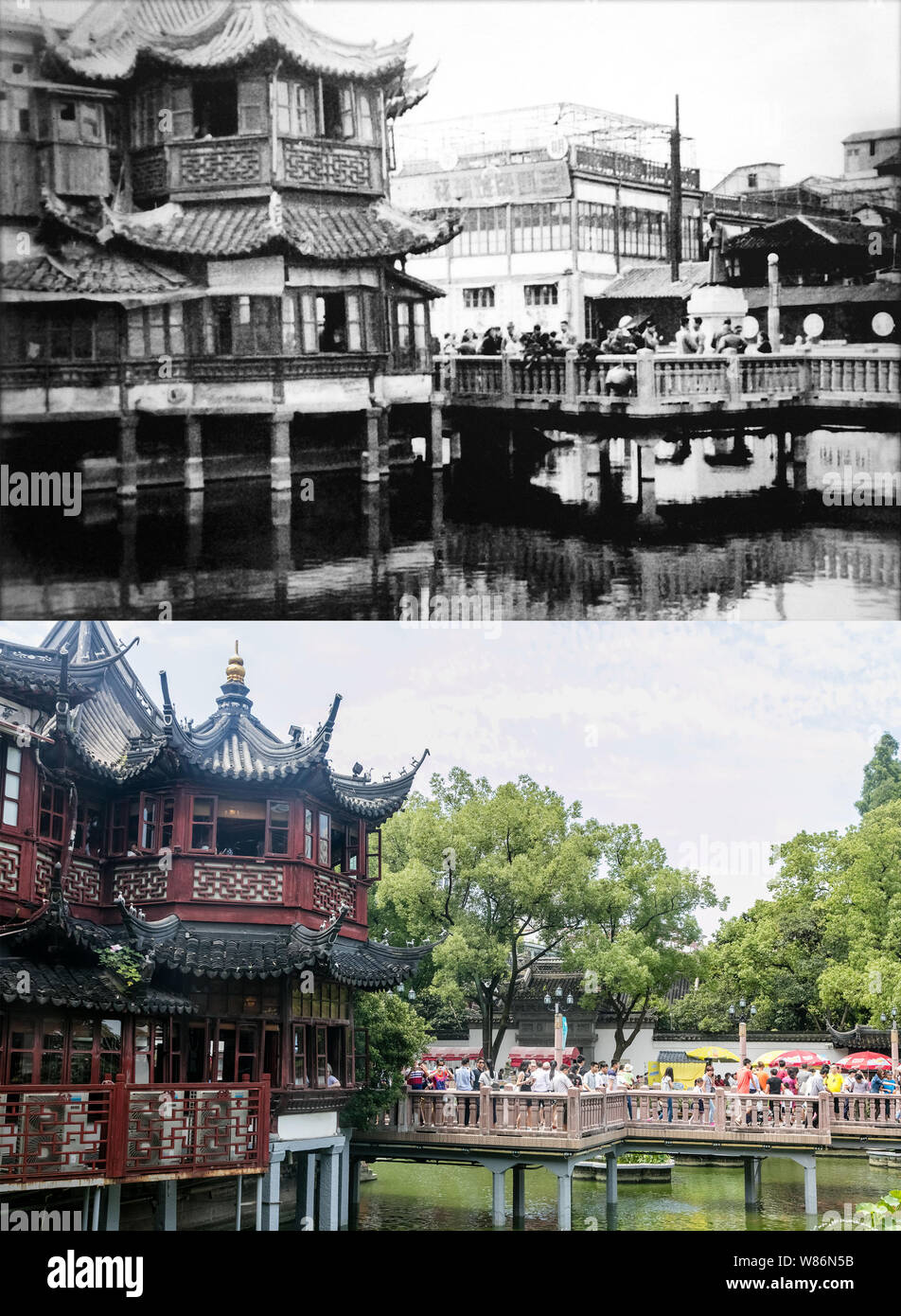 Il composito foto mostra le antiche e moderne Huxinting Teahouse e il Jiuqu Bridge (Ponte di nove torniture) nel Giardino di Yu, o i giardini di Yuyuan Foto Stock