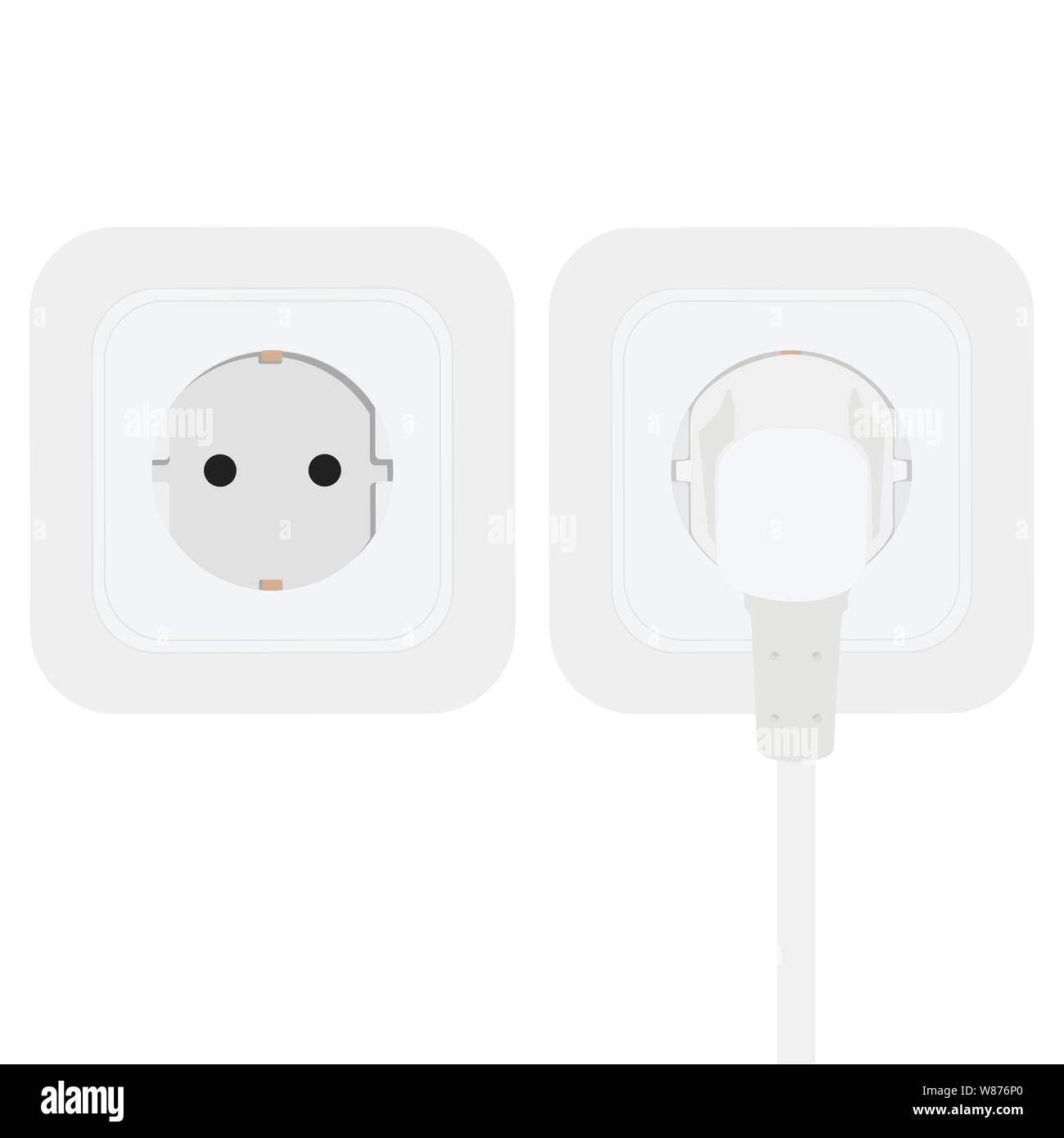 White cavo di alimentazione inserito in unione alla presa a muro sulla parete bianca. Illustrazione Vettoriale Illustrazione Vettoriale