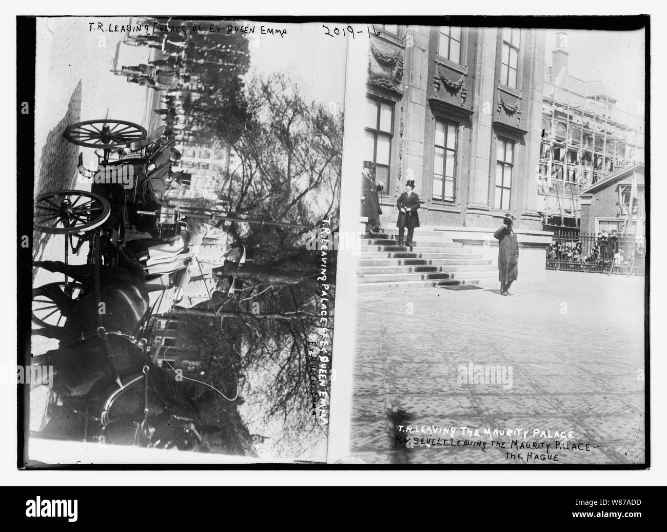 1. T.R. Theodore Roosevelt lasciando palazzo di Ex-Queen Emma. 2. T.R. Theodore Roosevelt lasciando il palazzo Maurity - L'Aia. Foto Stock