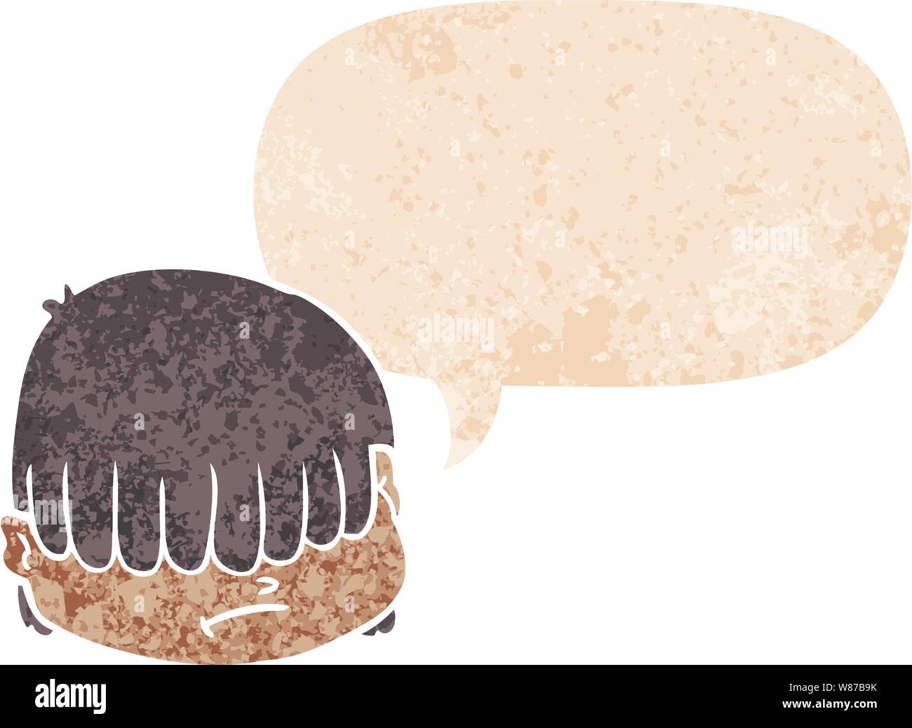 Cartoon faccia con capelli sopra gli occhi con il discorso di bolla in grunge distressed retrò stile testurizzata Illustrazione Vettoriale